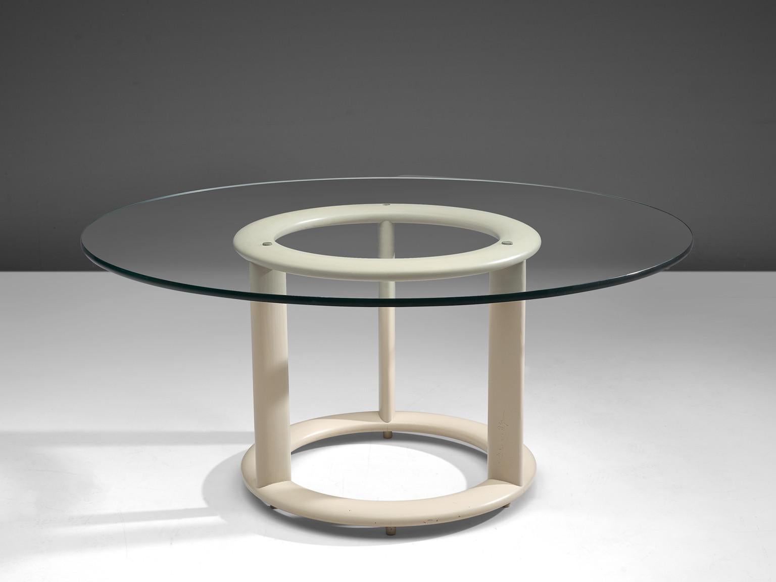 Pozzi, table, glass, lacquered wood, Italy, 1960s

A round dining table with glass table top, manufactured by Pozzi. This dining table has a beautiful open structure due to the glass table top. The lacquered wooden base in white has a sculptural