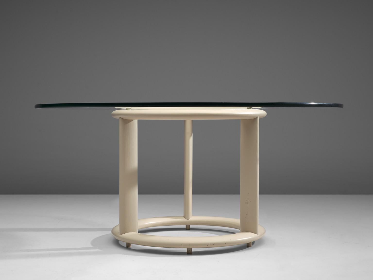 Mid-Century Modern Round Pozzi Dining Table with Lacquered Wooden Base and Glass Top