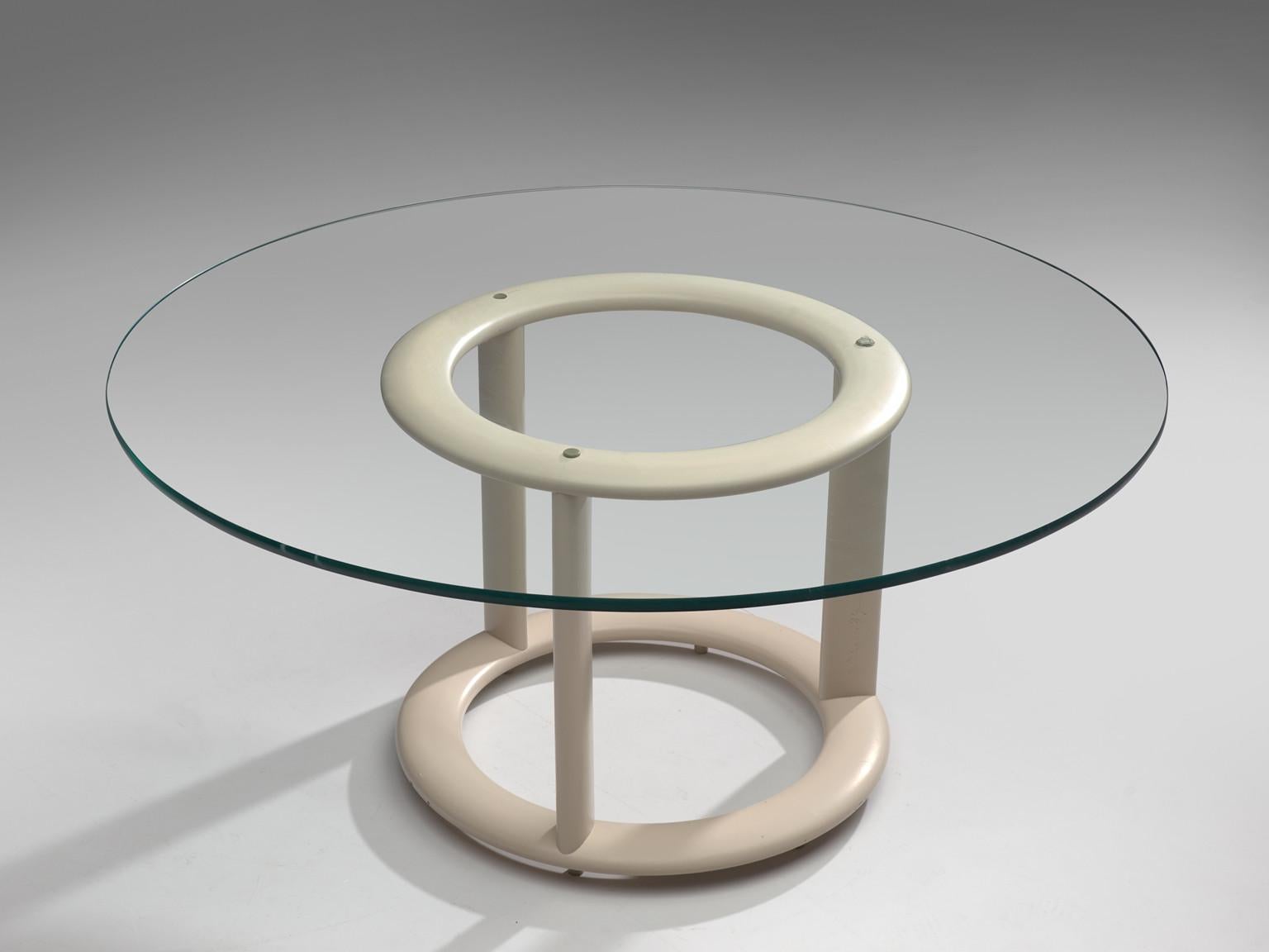 Italian Round Pozzi Dining Table with Lacquered Wooden Base and Glass Top