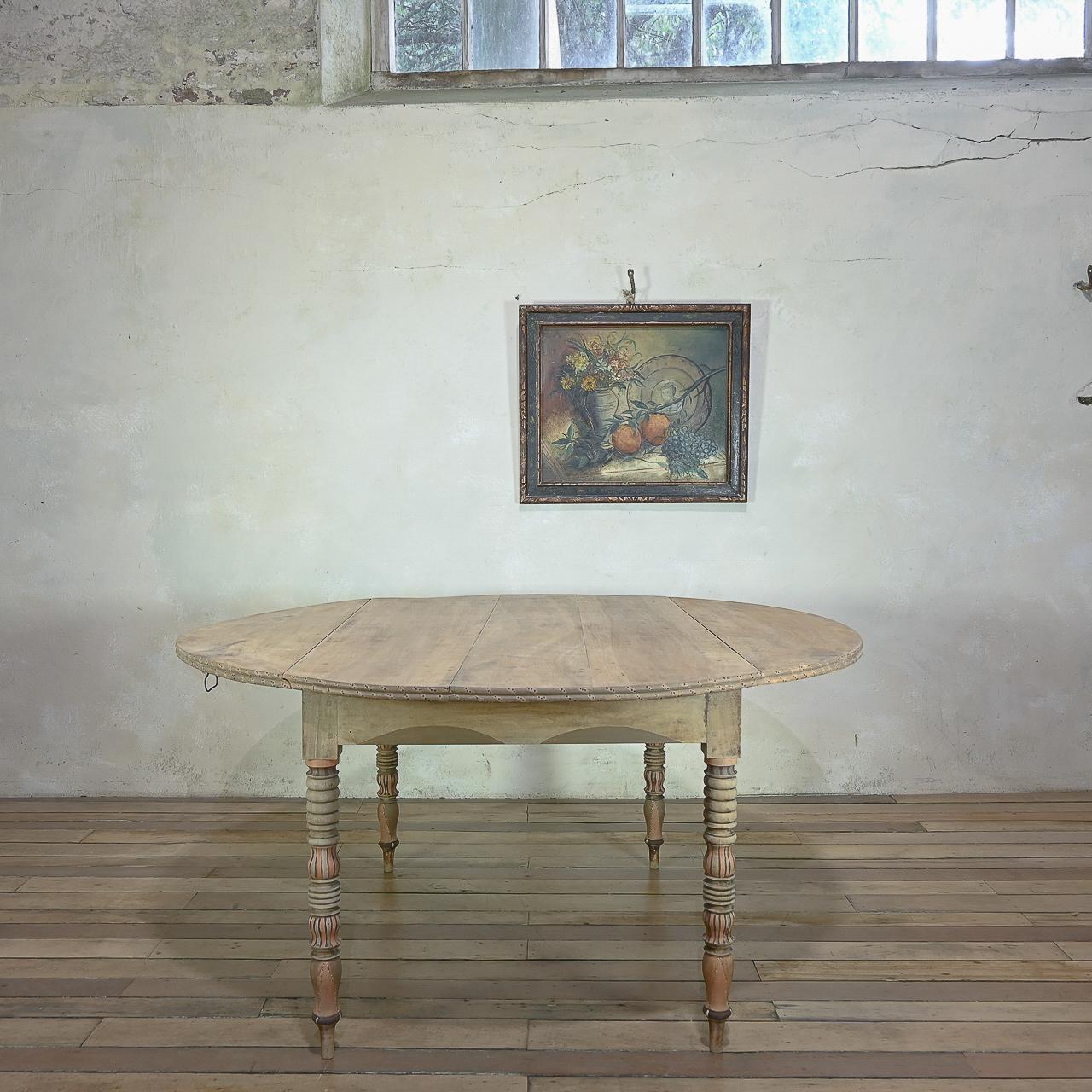 Round Provincial Antique 19th Century French Painted Drop Leaf Table - Bleached 6