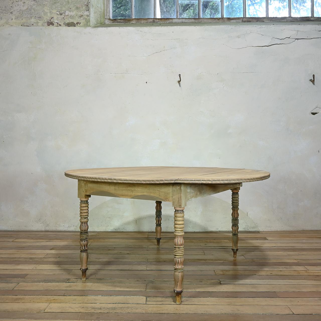 Round Provincial Antique 19th Century French Painted Drop Leaf Table - Bleached 1