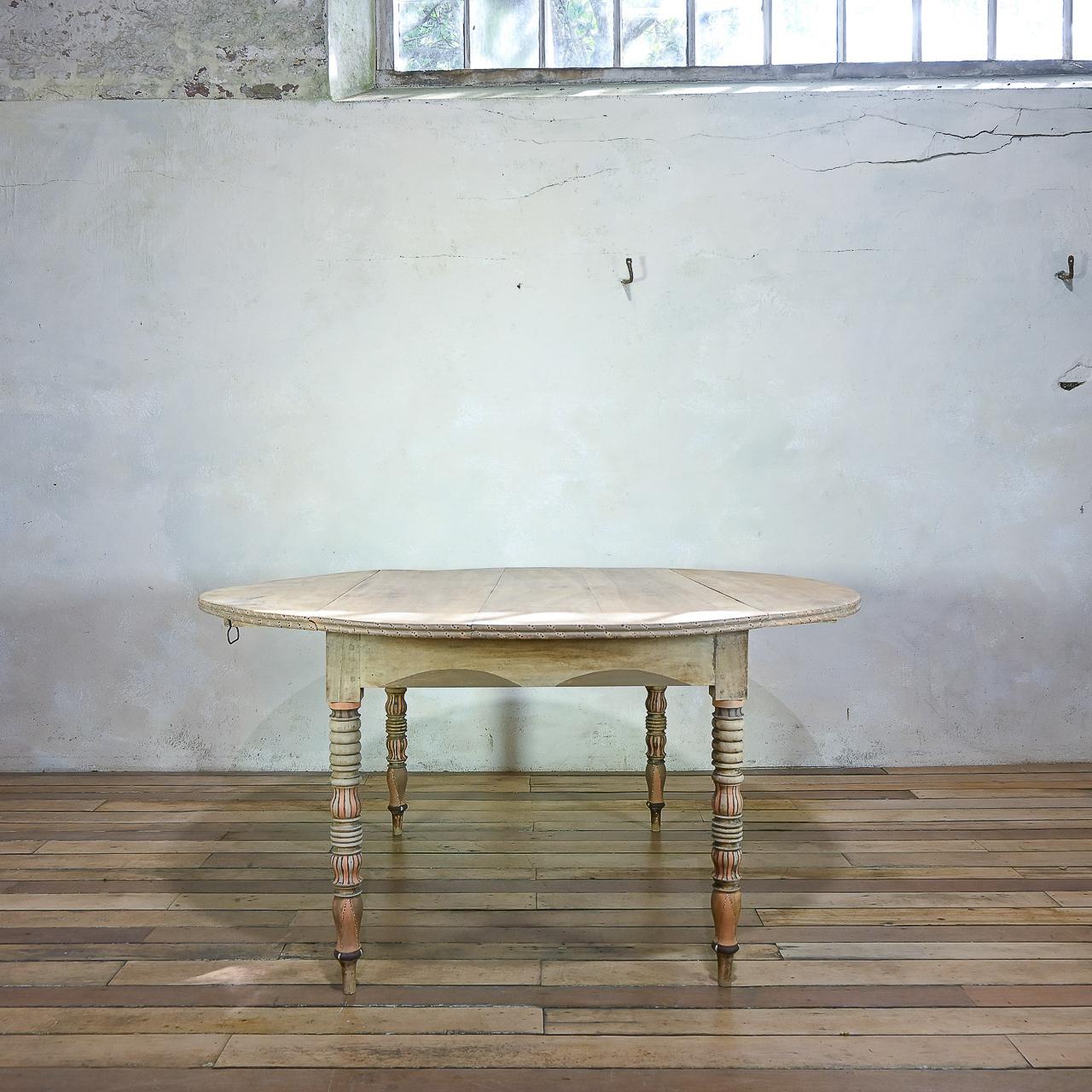 Round Provincial Antique 19th Century French Painted Drop Leaf Table - Bleached 2