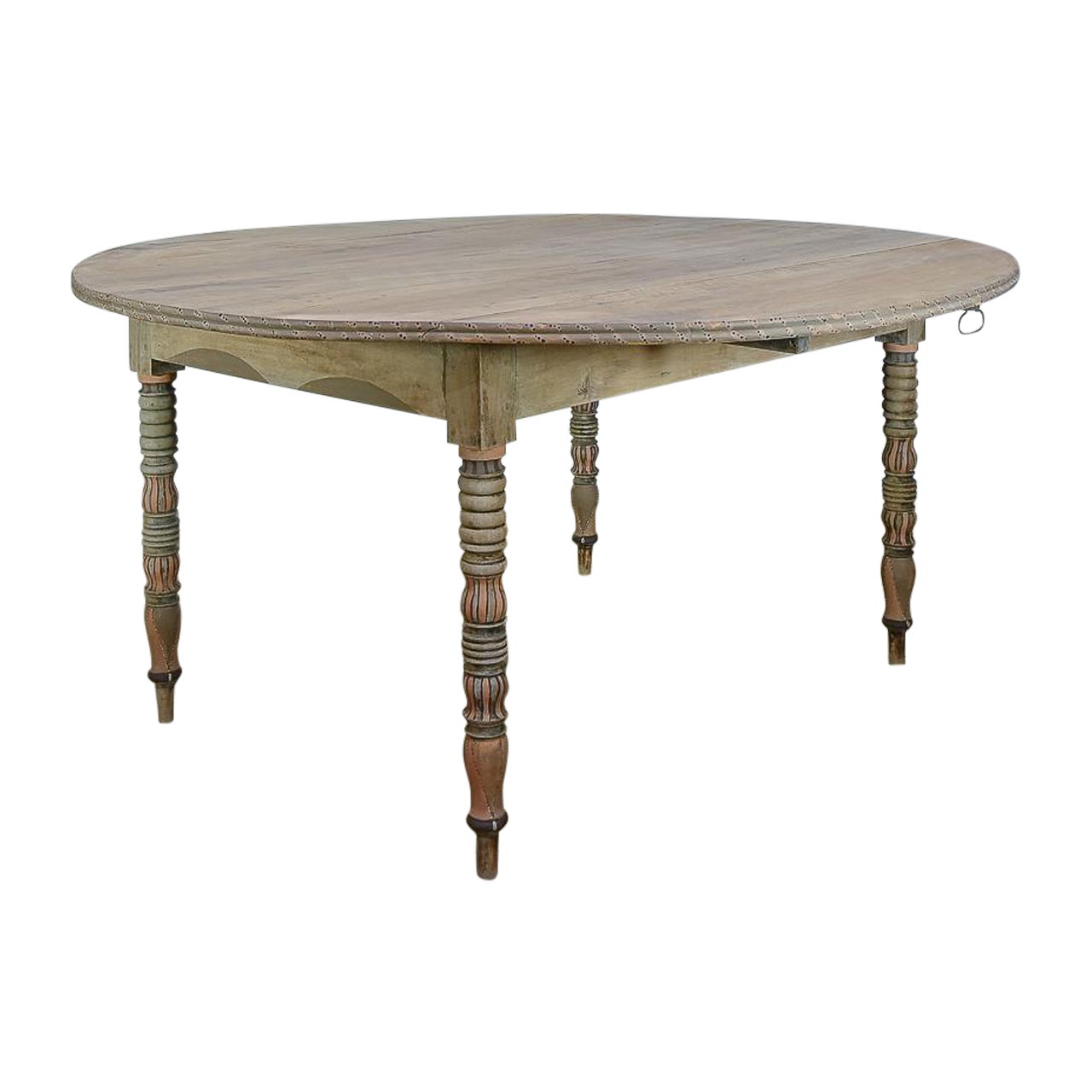 Round Provincial Antique 19th Century French Painted Drop Leaf Table - Bleached