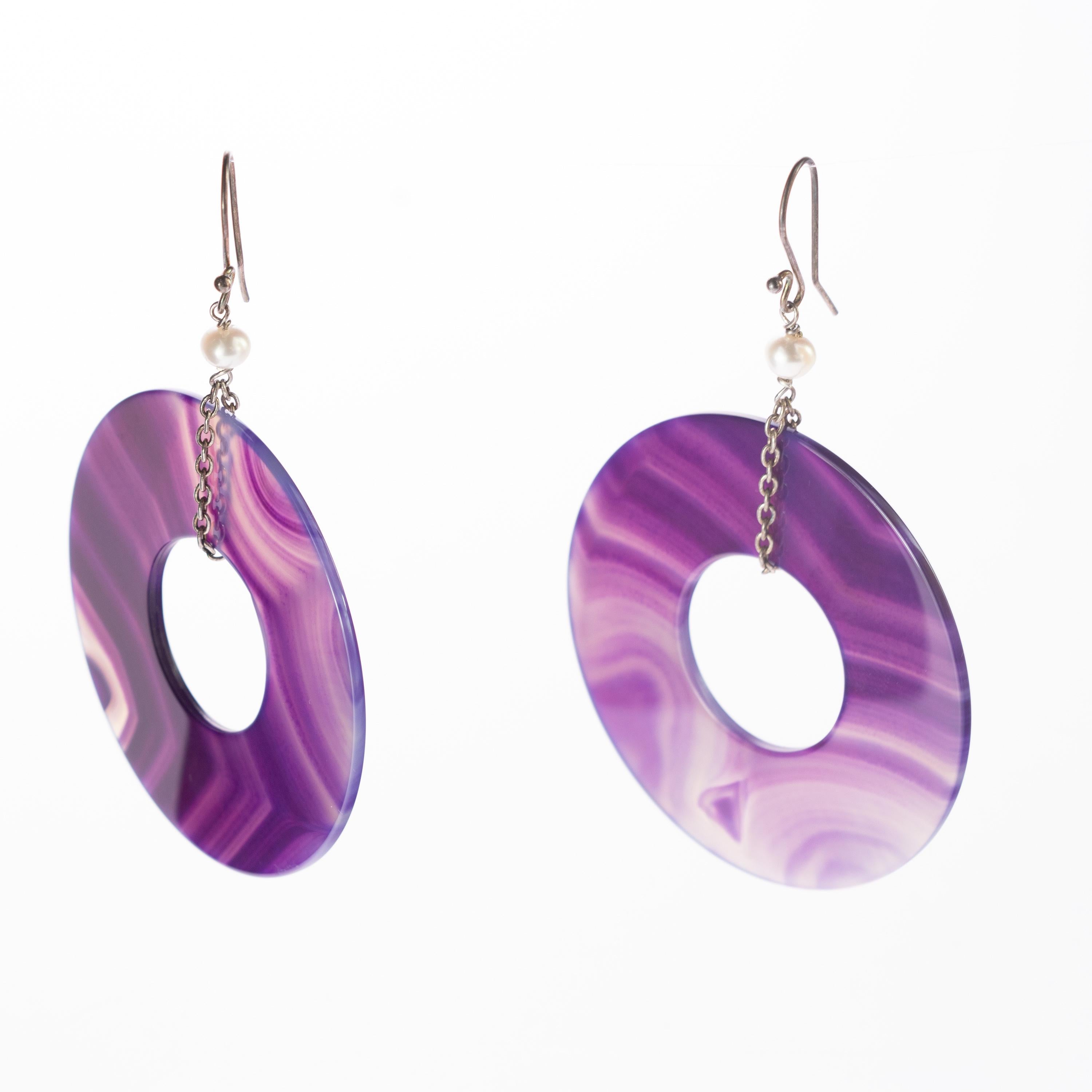 Round Purple Agate Freshwater Pearl Dangle Donut Sterling Silver Drop Earrings For Sale 3