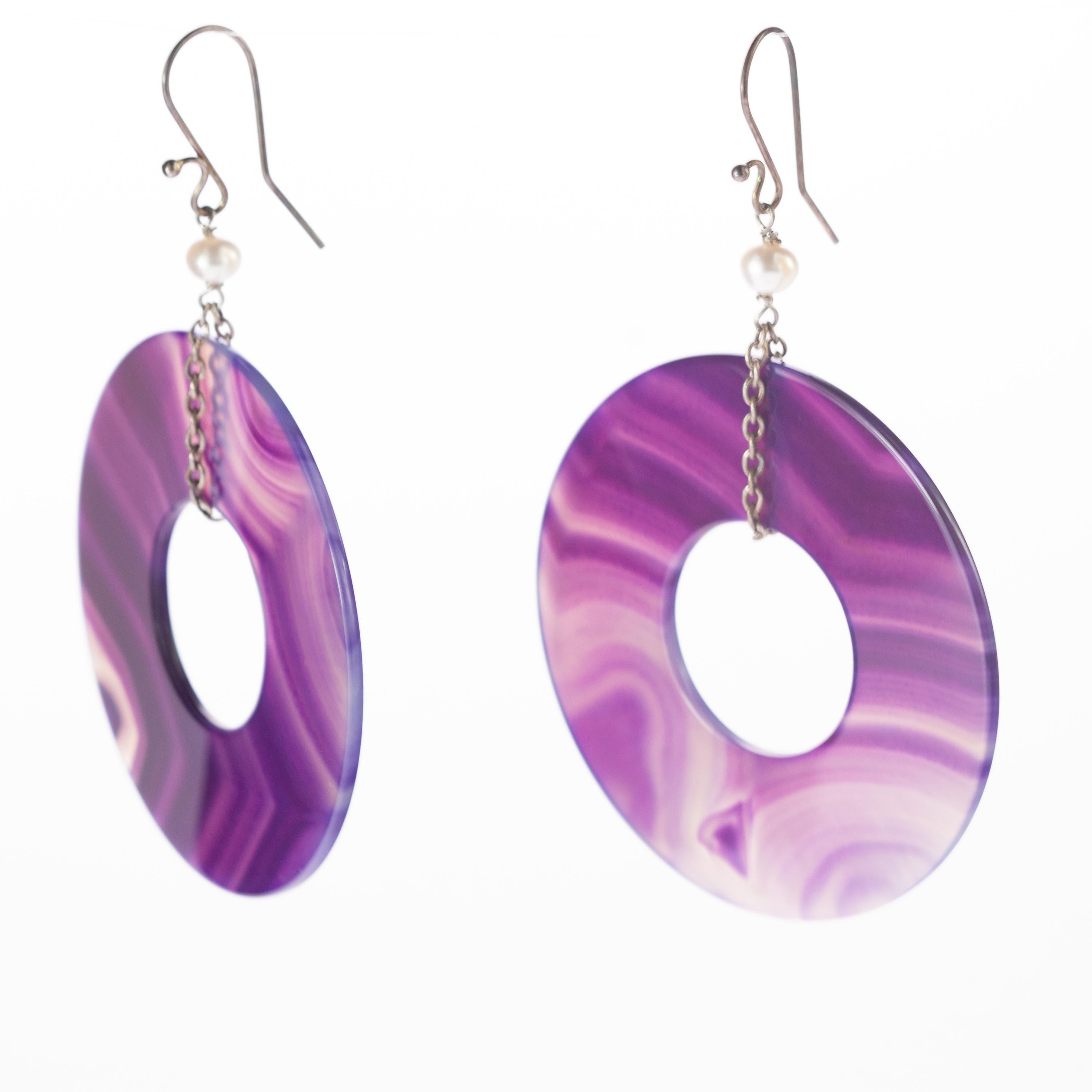 Round Purple Agate Freshwater Pearl Dangle Donut Sterling Silver Drop Earrings For Sale 4