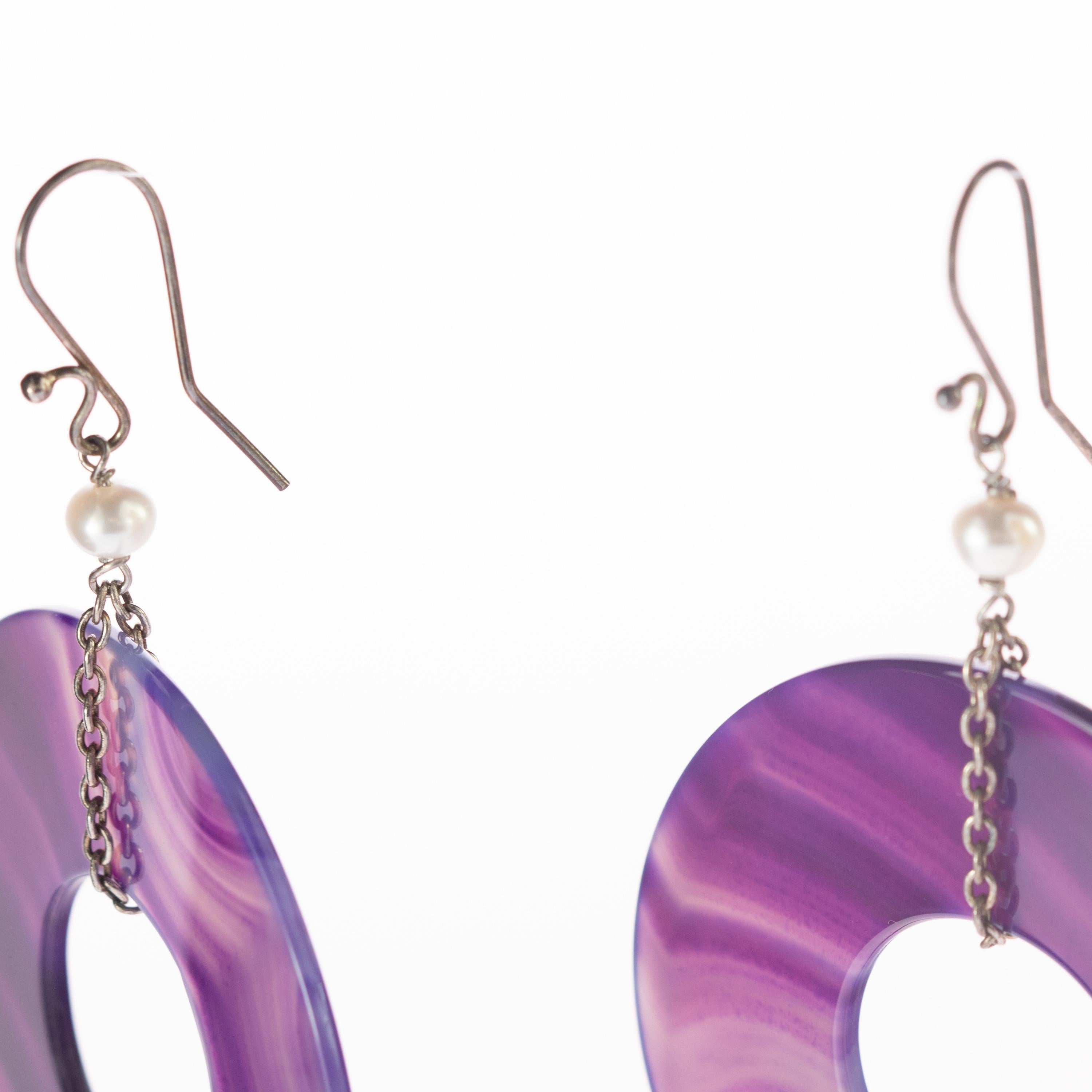 Round Purple Agate Freshwater Pearl Dangle Donut Sterling Silver Drop Earrings For Sale 5