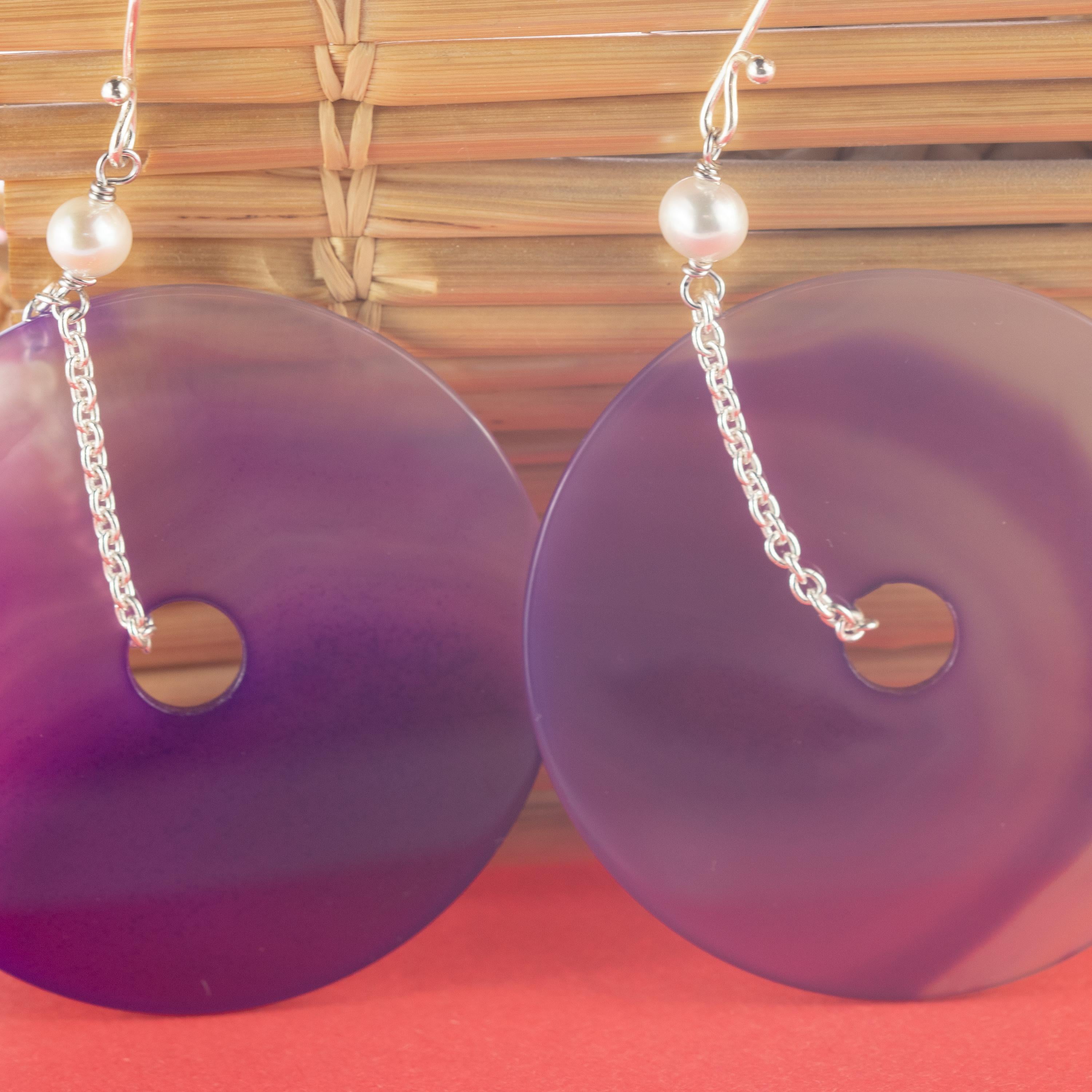 Round Purple Agate Freshwater Pearl Dangle Donut Sterling Silver Drop Earrings Art Nouveau