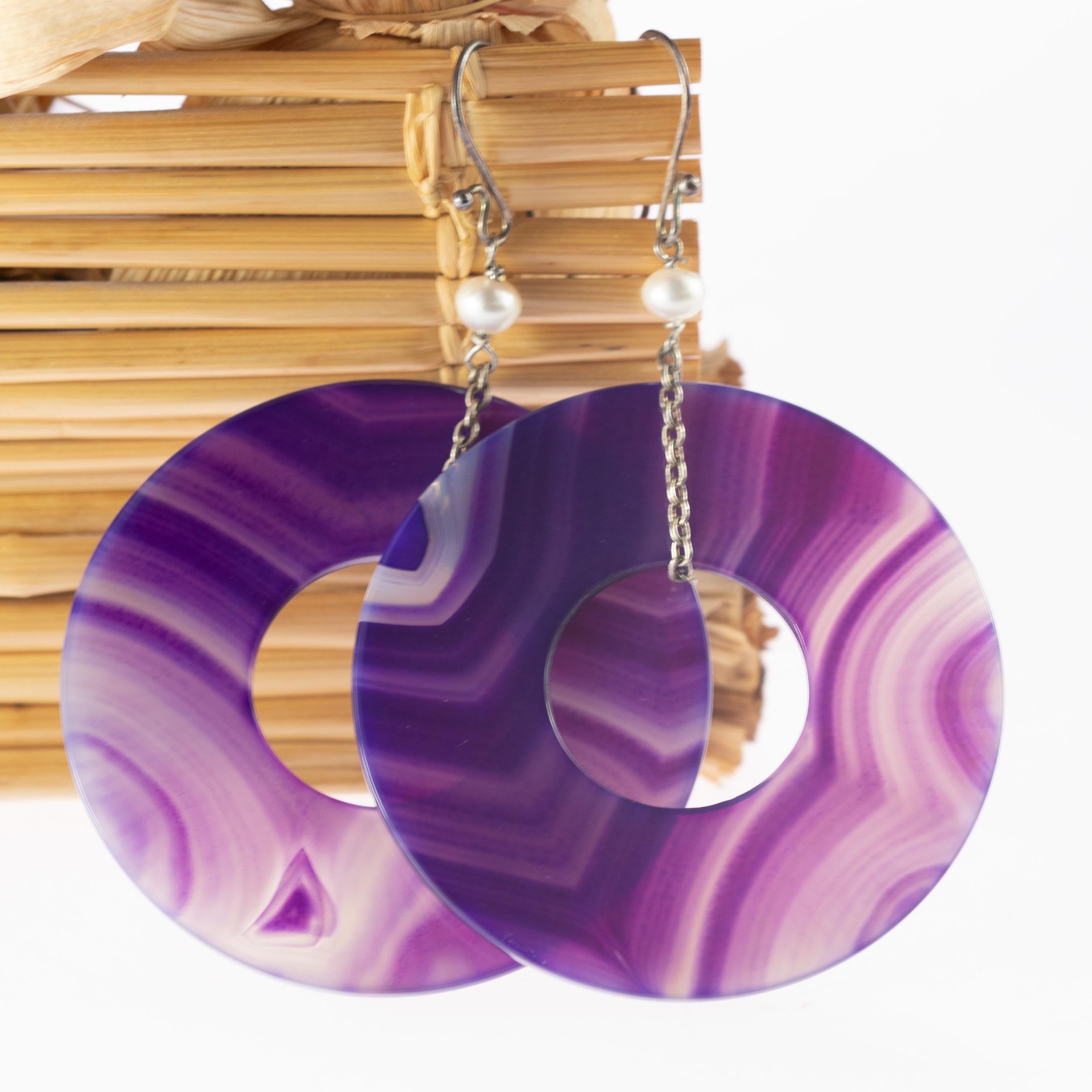 Art Deco Round Purple Agate Freshwater Pearl Dangle Donut Sterling Silver Drop Earrings For Sale