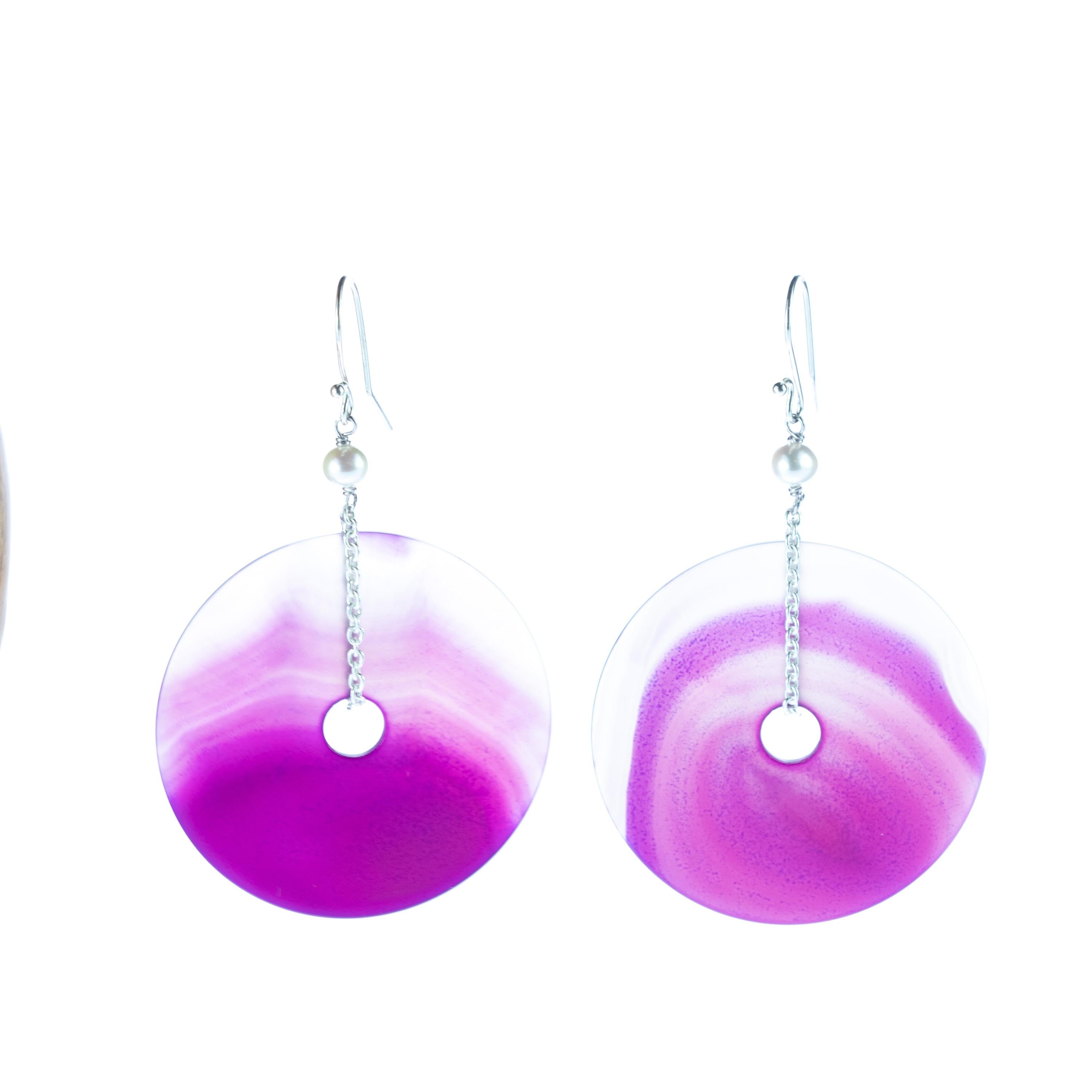 Round Purple Agate Freshwater Pearl Dangle Donut Sterling Silver Drop Earrings en Nuevo Estado en Milano, IT