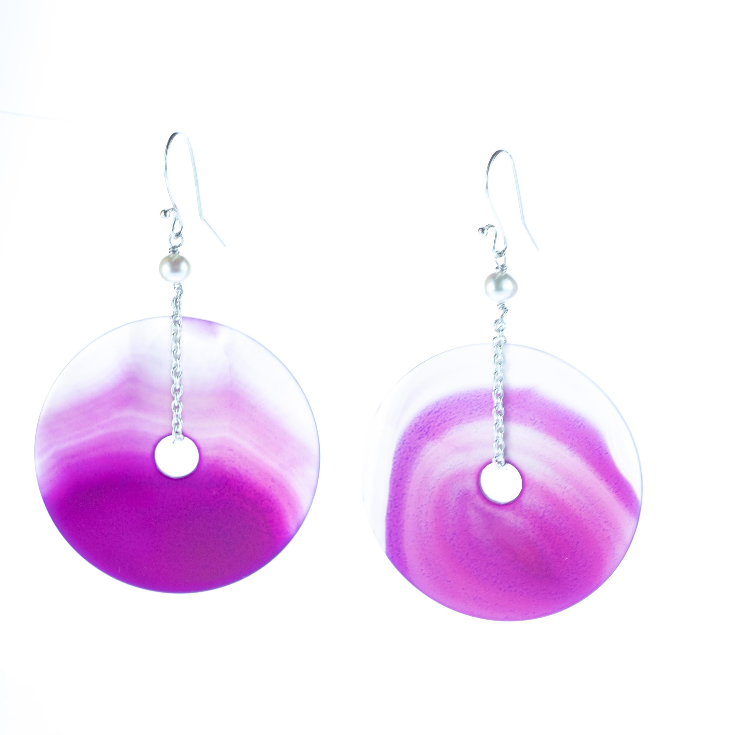 Art Nouveau Round Purple Agate Freshwater Pearl Dangle Donut Sterling Silver Drop Earrings For Sale