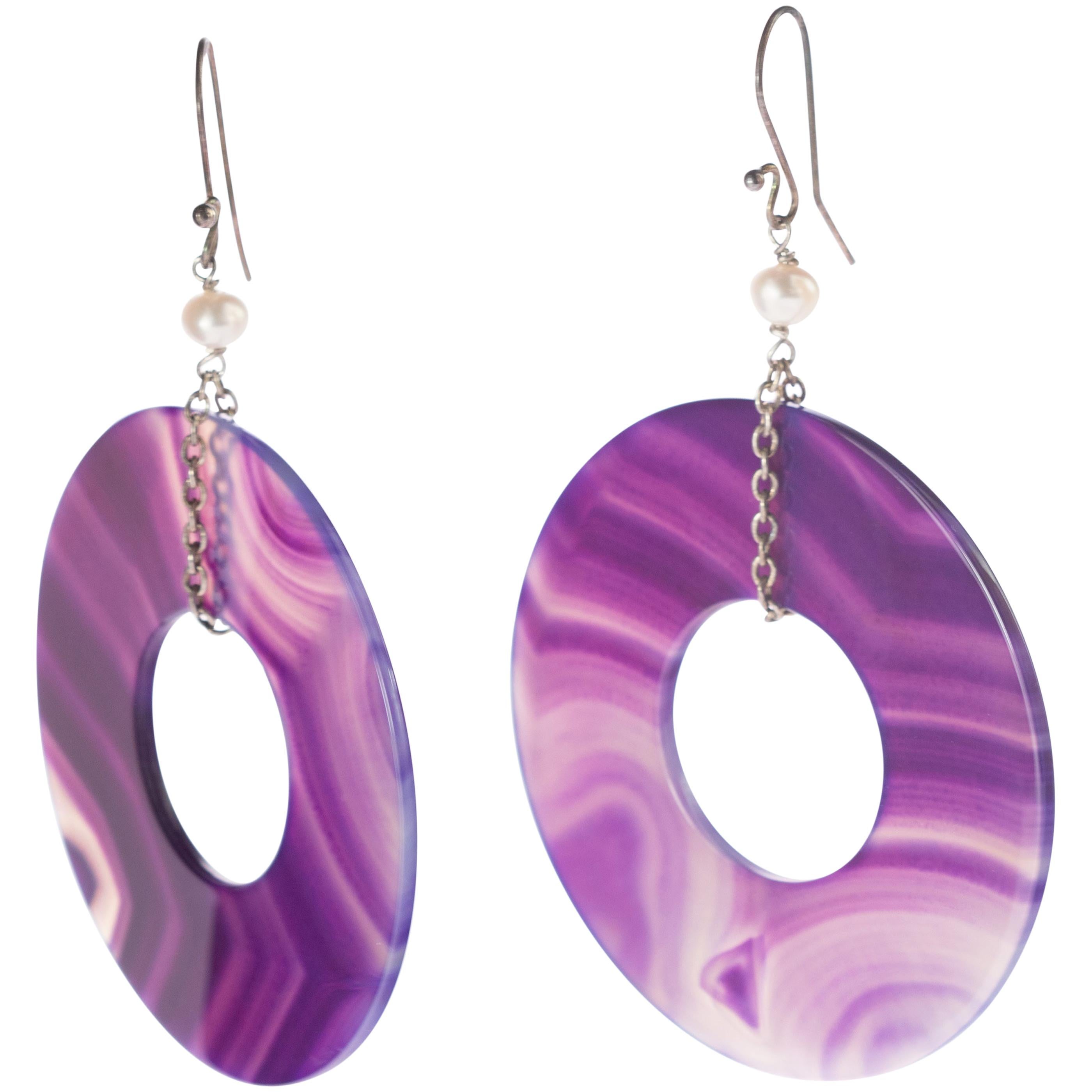 Round Purple Agate Freshwater Pearl Dangle Donut Sterling Silver Drop Earrings For Sale