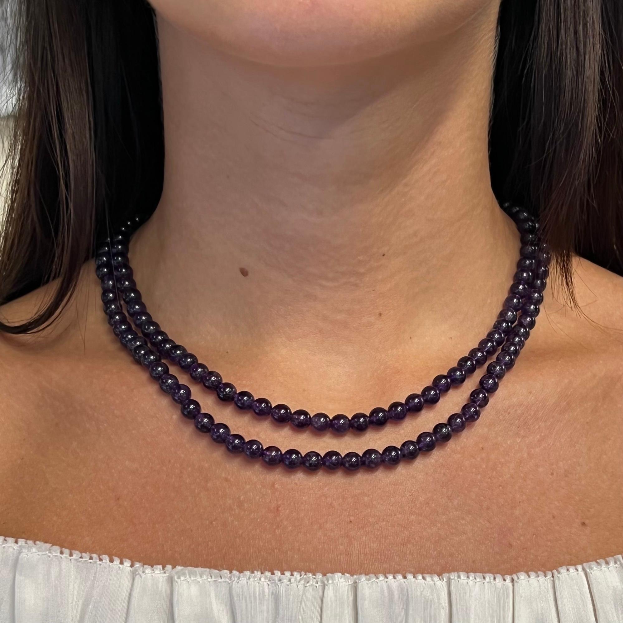 Round Purple Amethyst Bead Double Strand Necklace In Excellent Condition For Sale In New York, NY