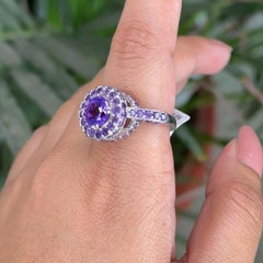 Round Purple Amethyst Cluster Unisex Dome Ring for Him in 925 Sterling Silver
