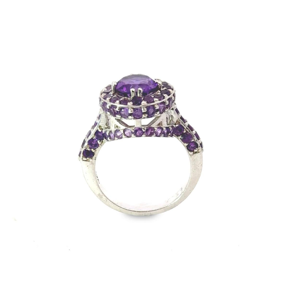 For Sale:  Round Purple Amethyst Cluster Unisex Dome Ring for Him in 925 Sterling Silver 3