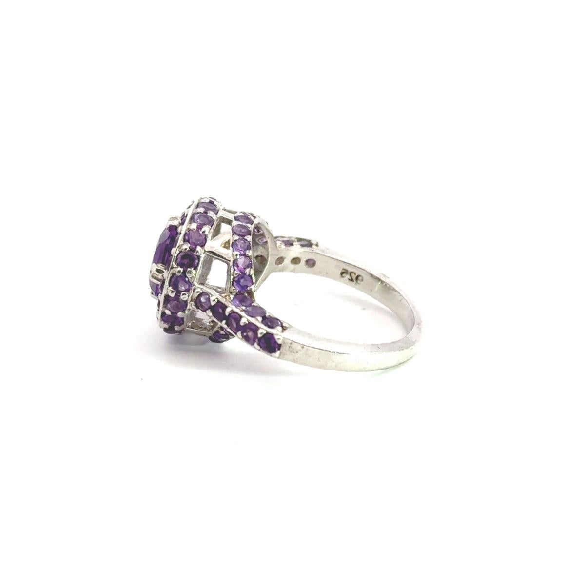 For Sale:  Round Purple Amethyst Cluster Unisex Dome Ring for Him in 925 Sterling Silver 5