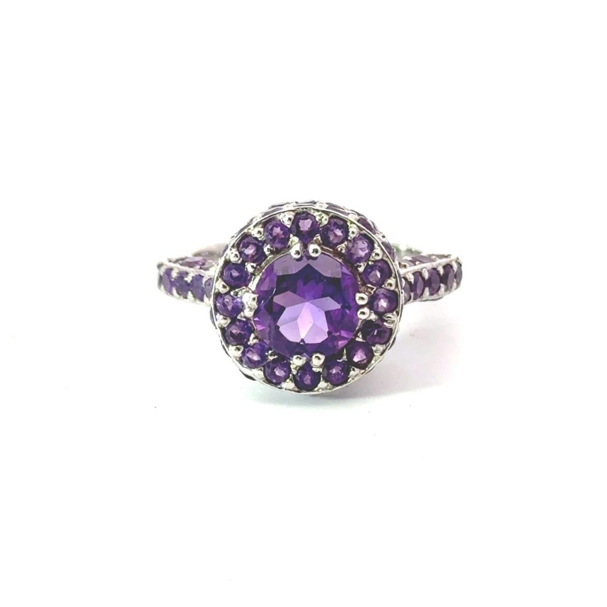 For Sale:  Round Purple Amethyst Cluster Unisex Dome Ring for Him in 925 Sterling Silver 7