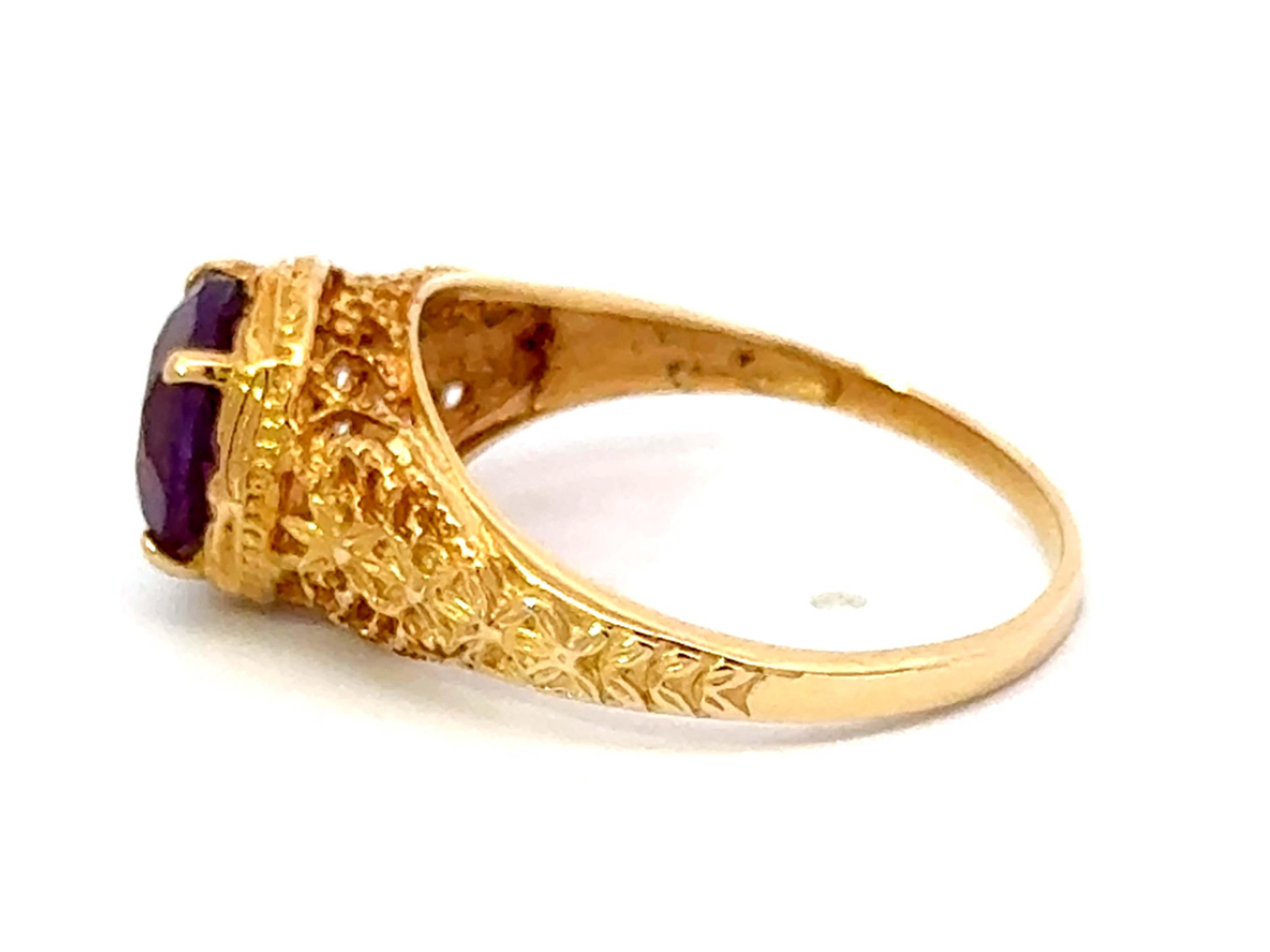 Women's Round Purple Amethyst Filigree Ring 14k Yellow Gold For Sale