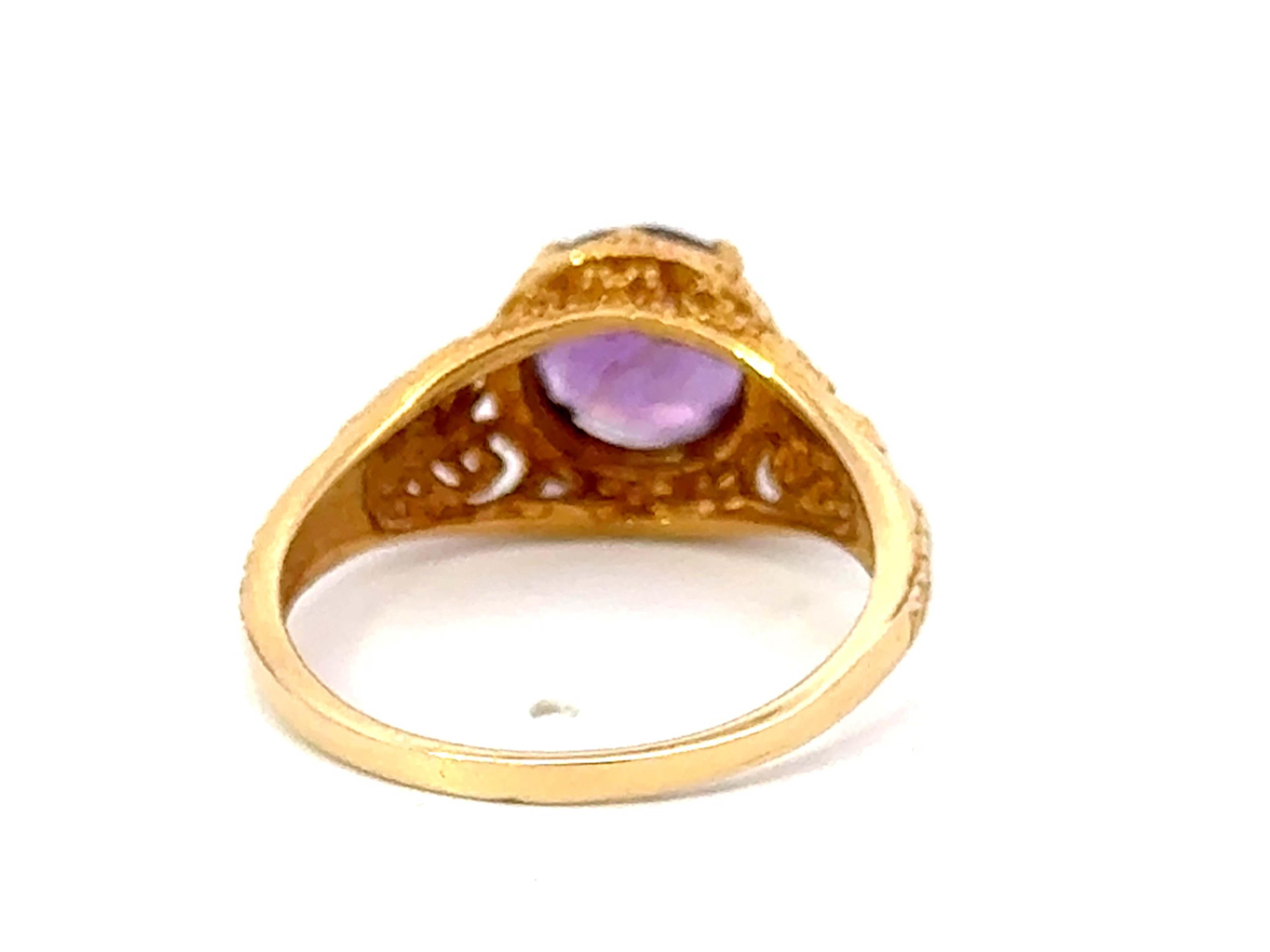 Round Purple Amethyst Filigree Ring 14k Yellow Gold For Sale 1