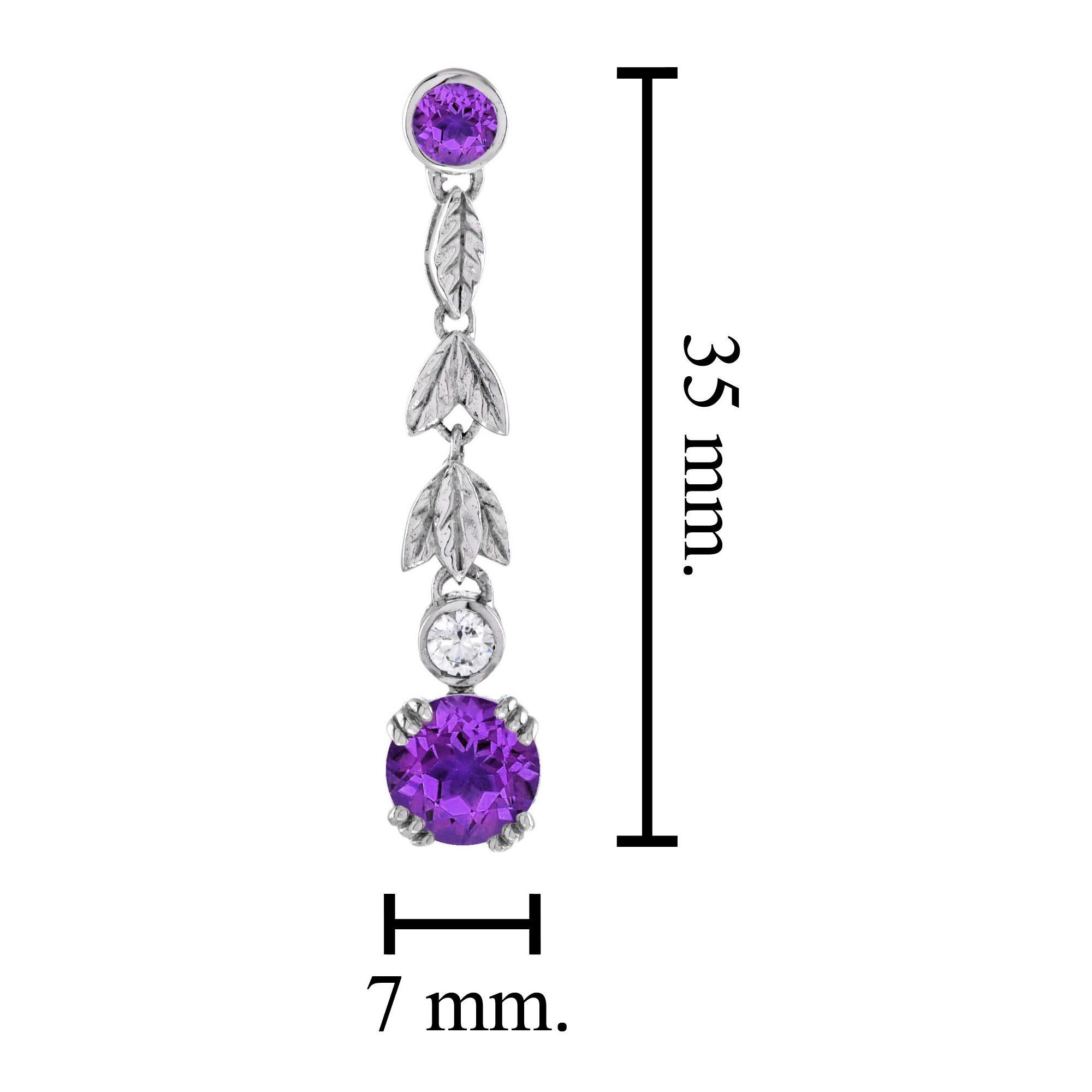 Round Purple Violet Amethyst & Diamond Ivy Drop 14K White Gold Dangle Earrings In New Condition For Sale In Oakton, VA