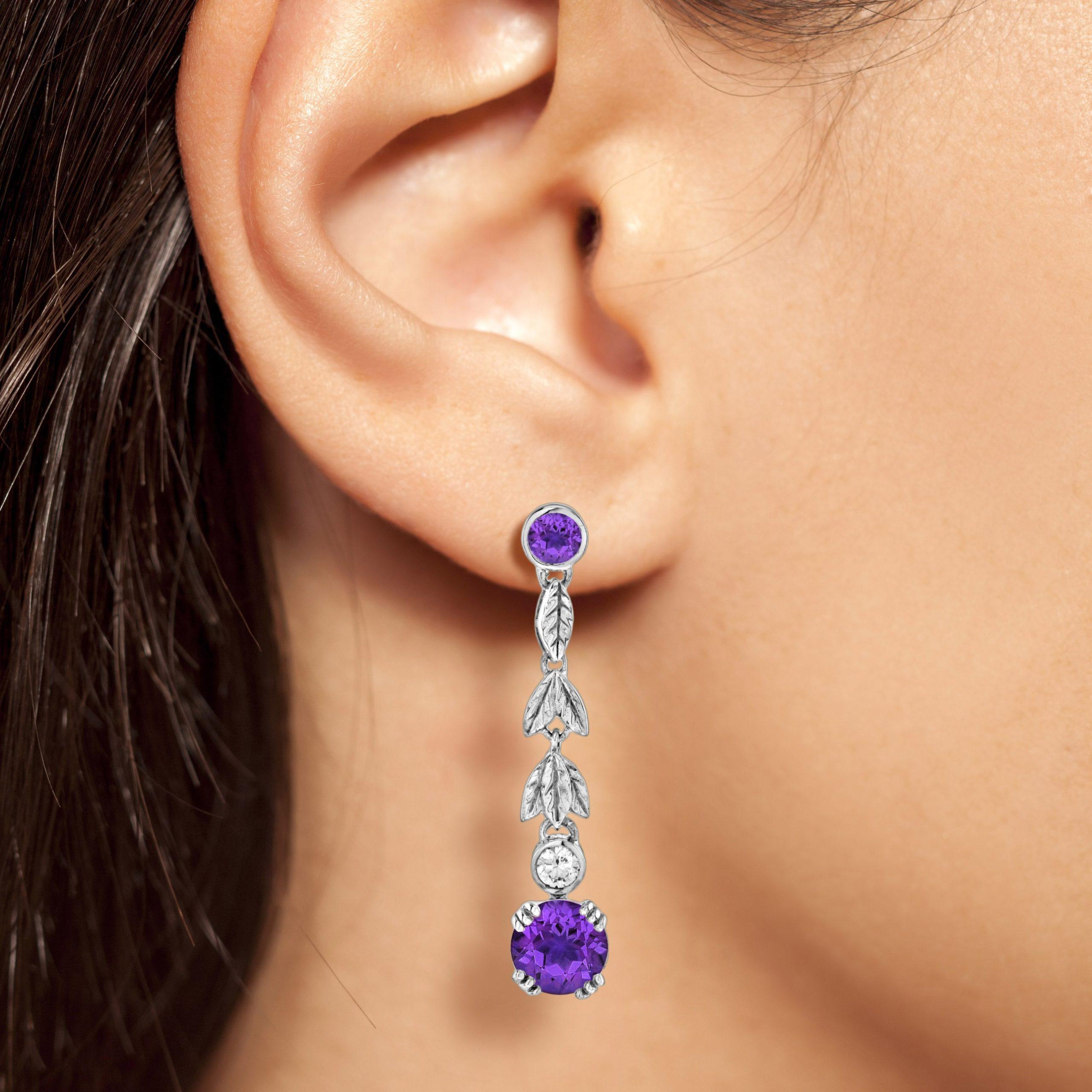 Women's Round Purple Violet Amethyst & Diamond Ivy Drop 14K White Gold Dangle Earrings For Sale