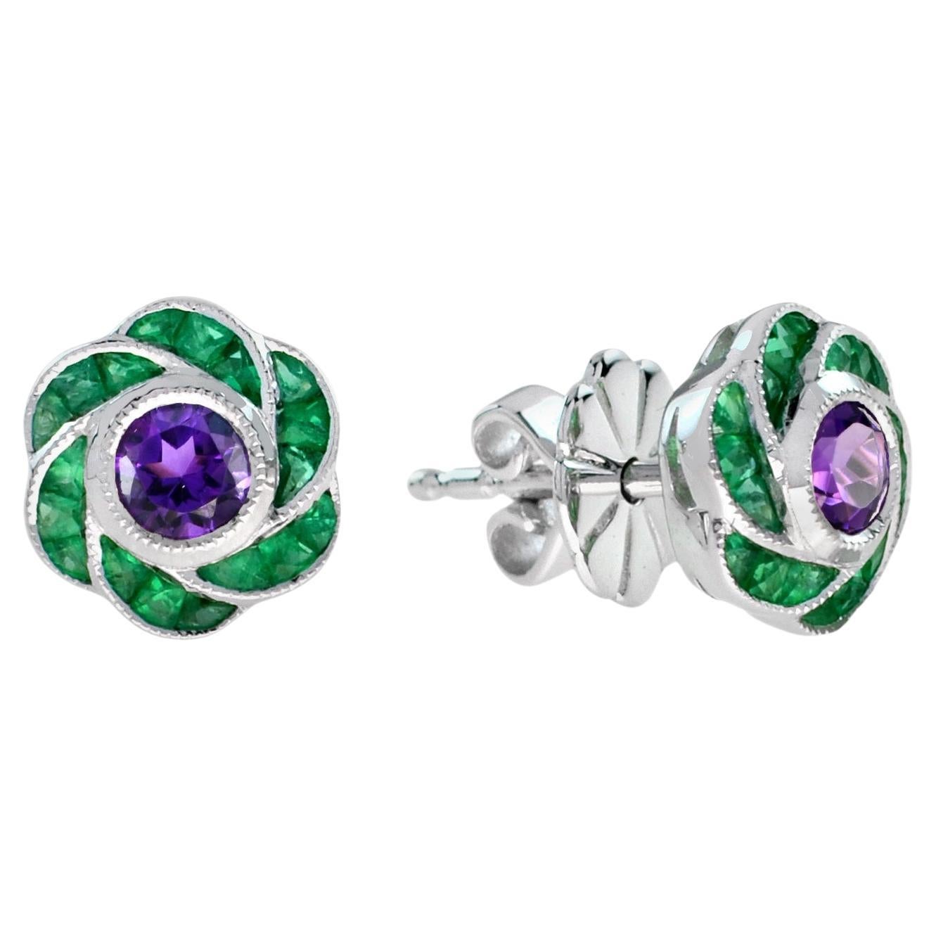 Round Purple Violet Amethyst & Green Emerald Floral 14K White Gold Stud Earrings en vente