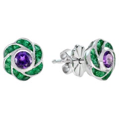 Round Purple Violet Amethyst & Green Emerald Floral 14K White Gold Stud Earrings