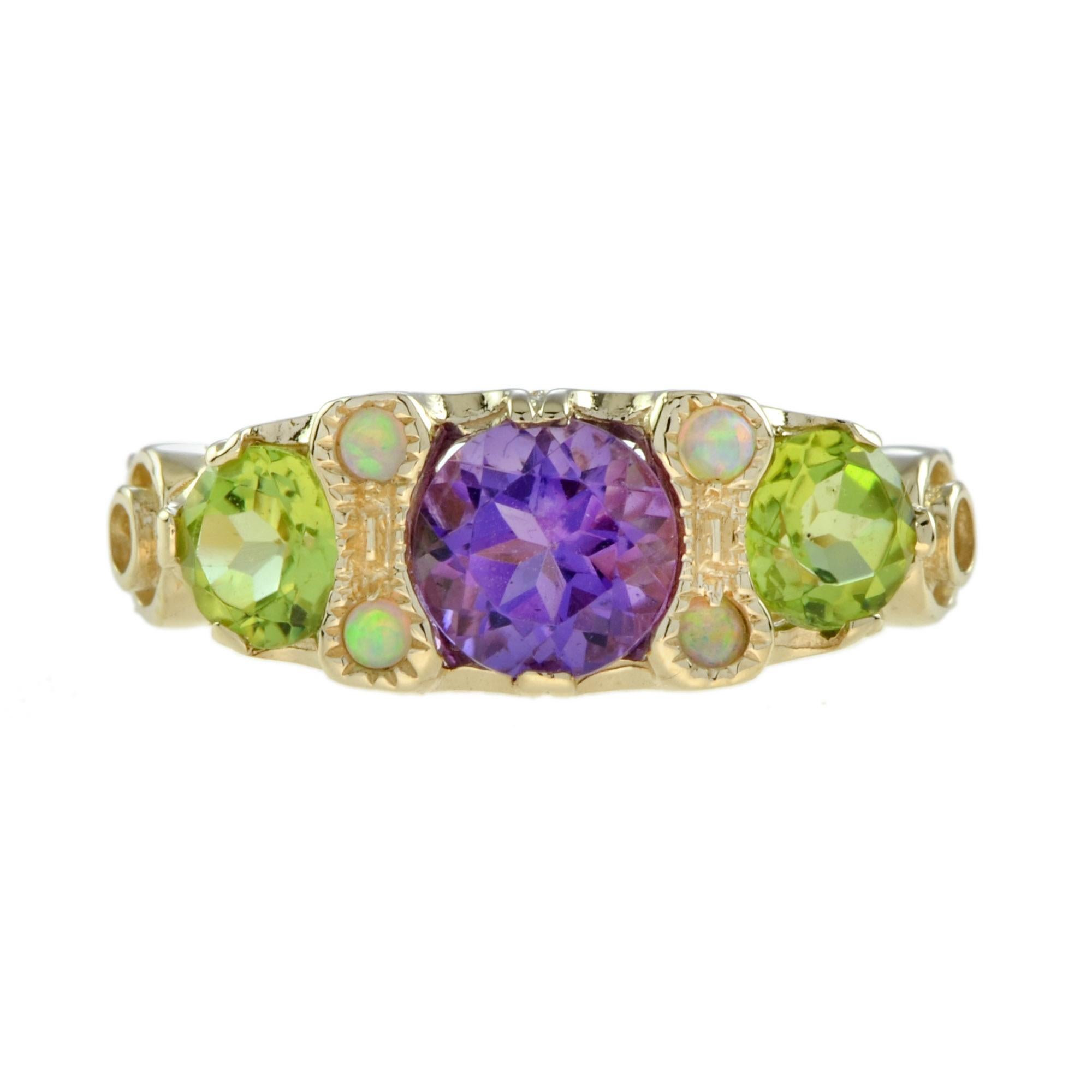 A vintage Suffragette style three stone ring with 6 mm. natural amethyst in the center with two 4.5 mm. natural peridot each side and four opal nestled in between. The gallery is all gold with a remarkable statement piece and the contrasting stones
