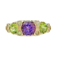 Round Purple Violet Amethyst & Green Peridot Opal Three Stone Yellow Gold Ring