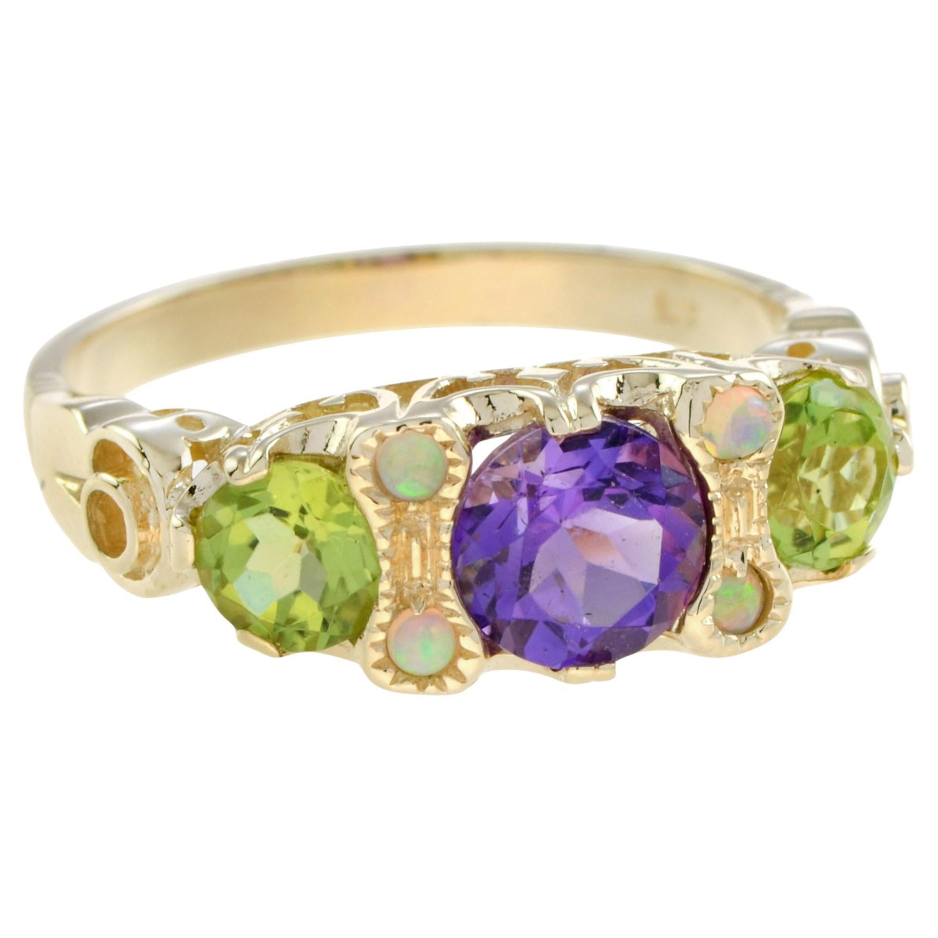 Round Purple Violet Amethyst & Green Peridot Opal Three Stone Yellow Gold Ring