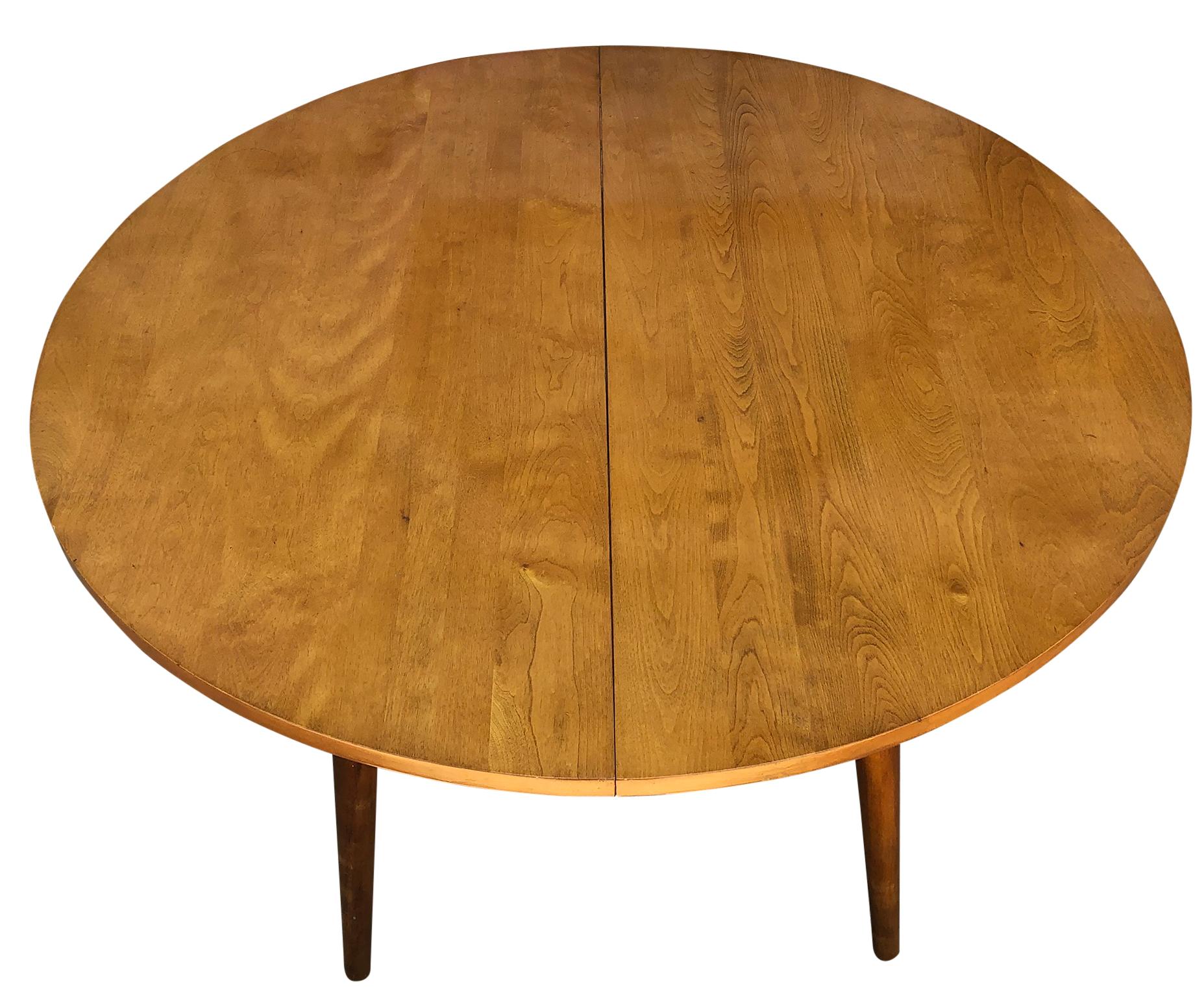Round Rare Leslie Diamond Maple Dining Table with 2 Leaves Tapered Legs at 1stDibs round table
