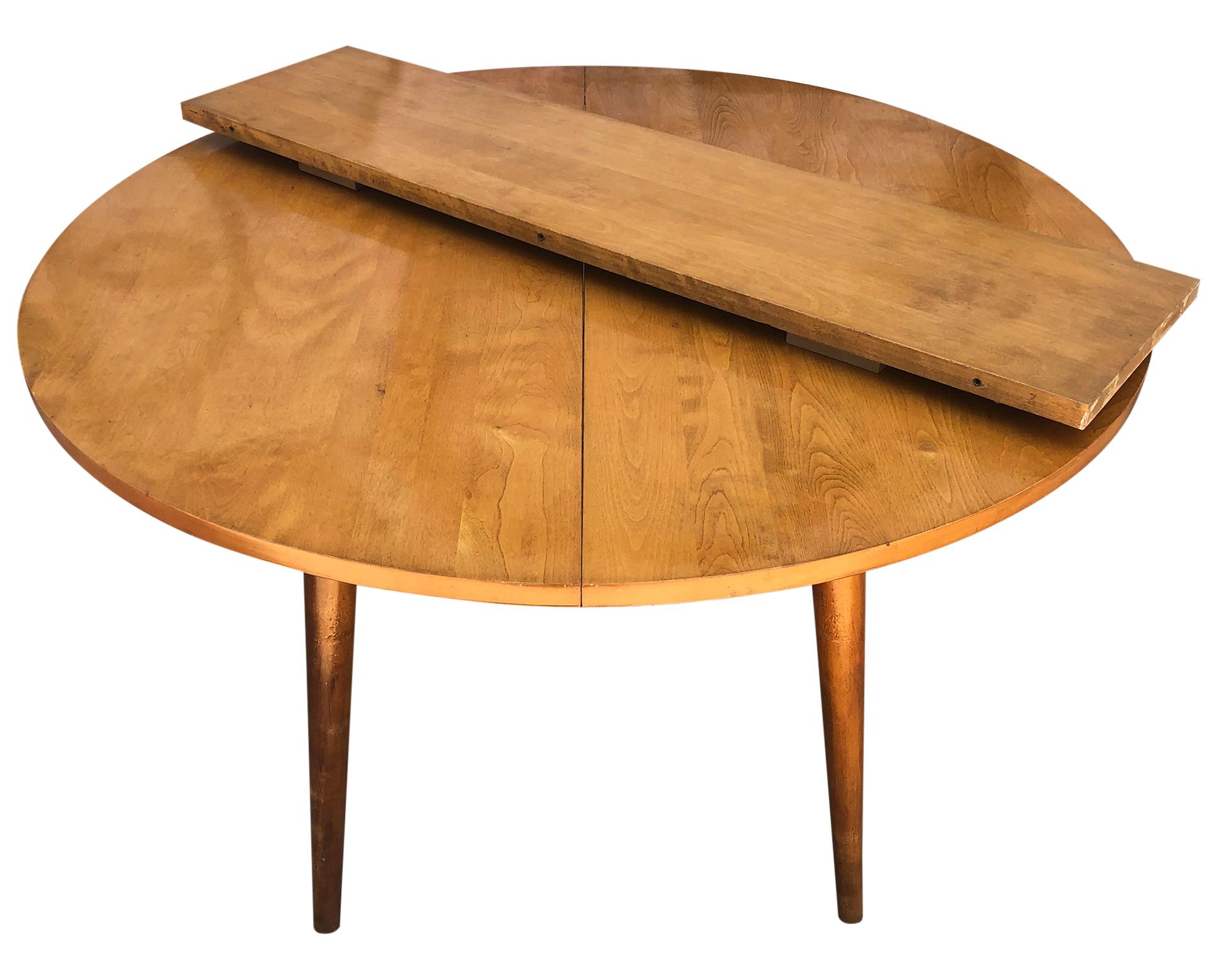 Mid-Century Modern Round Rare Leslie Diamond Maple Dining Table with 2 Leaves Tapered Legs