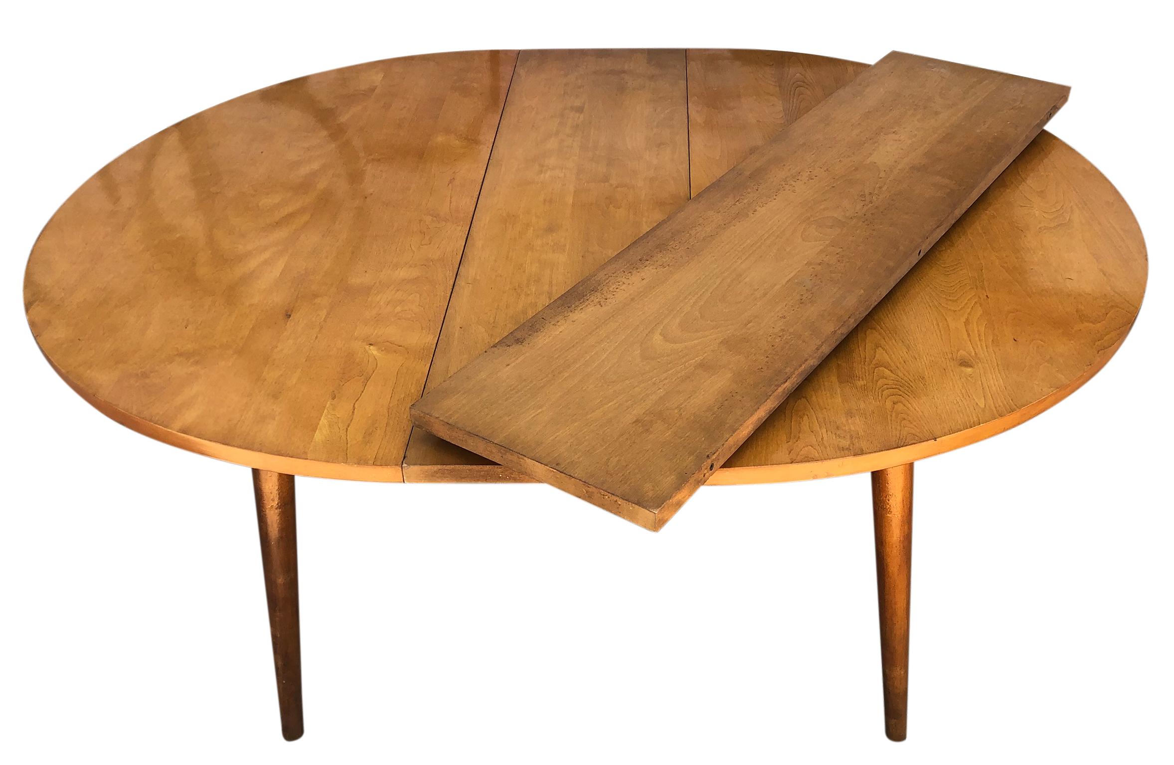 Round Rare Leslie Diamond Maple Dining Table with 2 Leaves Tapered Legs In Good Condition In BROOKLYN, NY