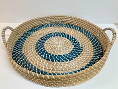 Round Ratan Natural and Blue Tray With Handles