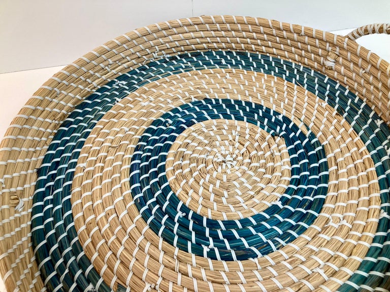Round Ratan Natural and Blue Tray With Handles For Sale at 1stDibs 
