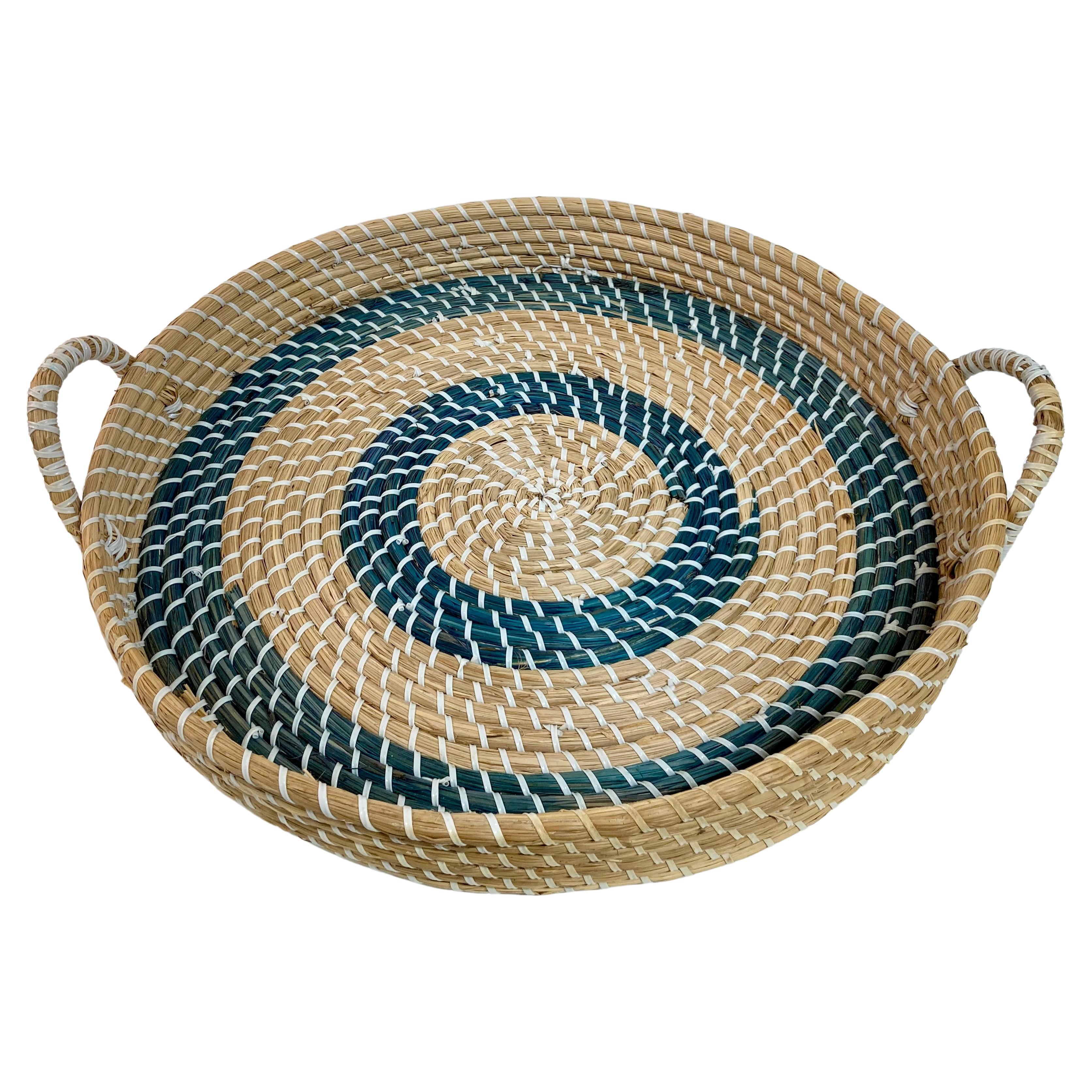 Round Ratan Natural and Blue Tray With Handles