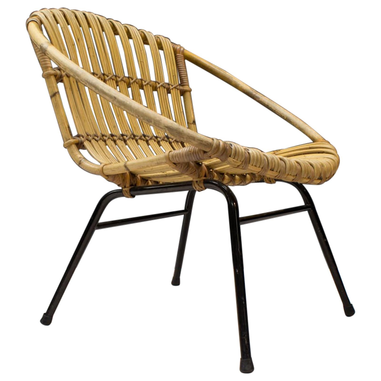 Round Rattan and Bamboo Armchair, Italy, 1950s