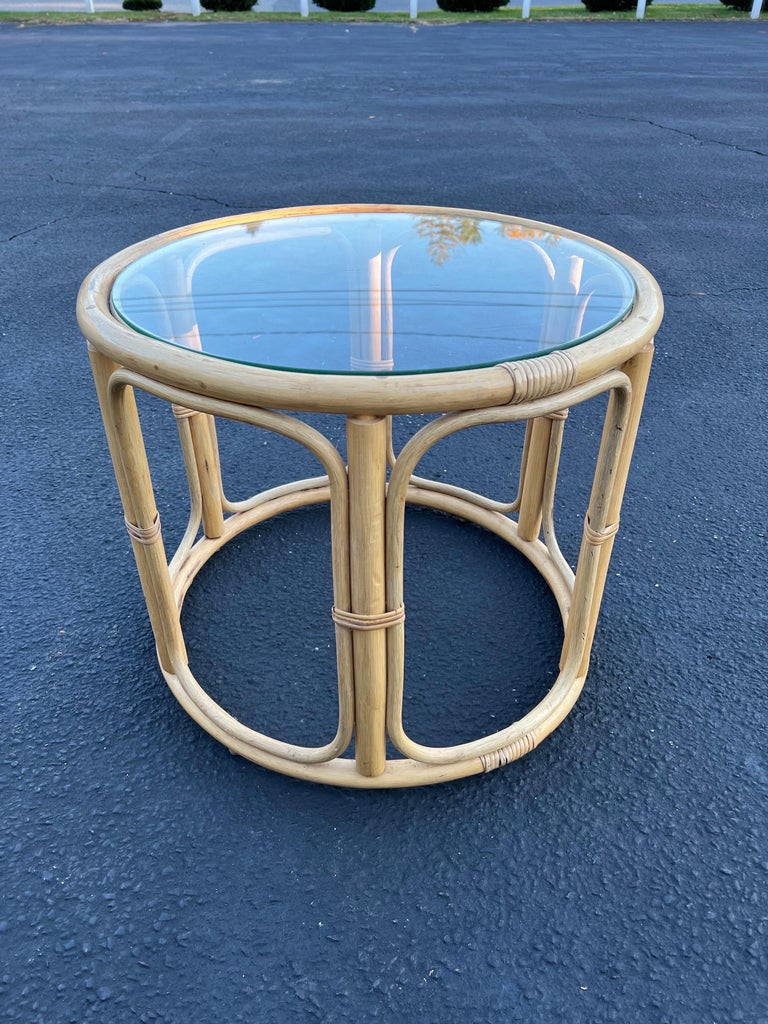Round Rattan and Faux Bamboo Side Table For Sale at 1stDibs