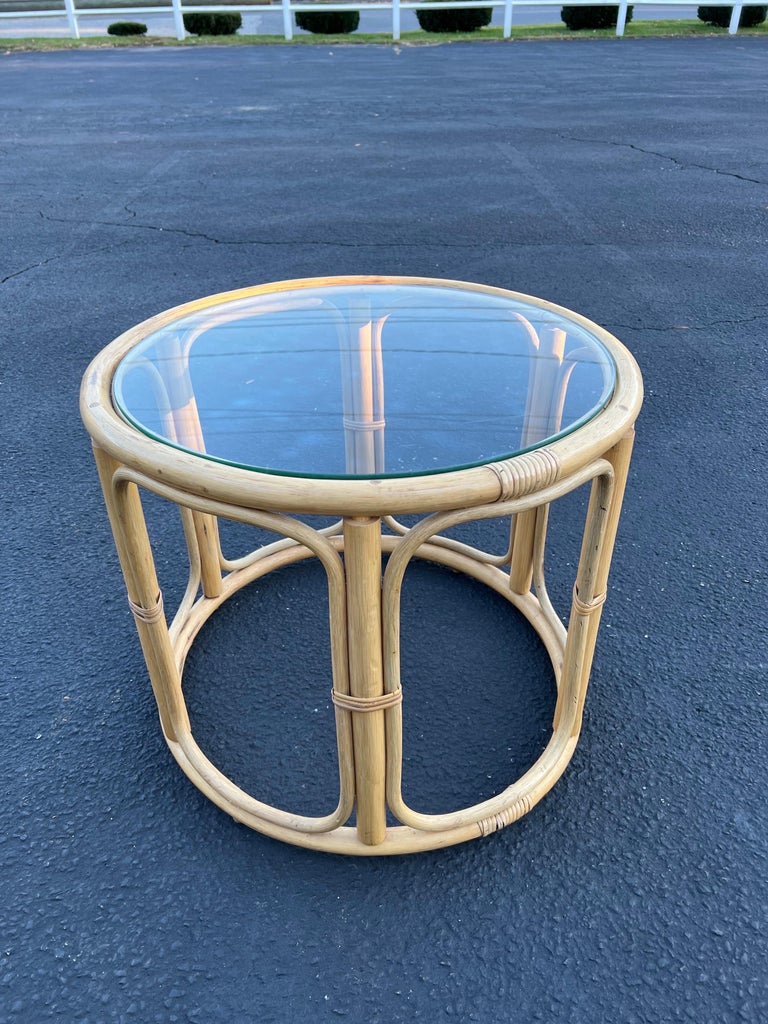 Round Rattan and Faux Bamboo Side Table For Sale at 1stDibs