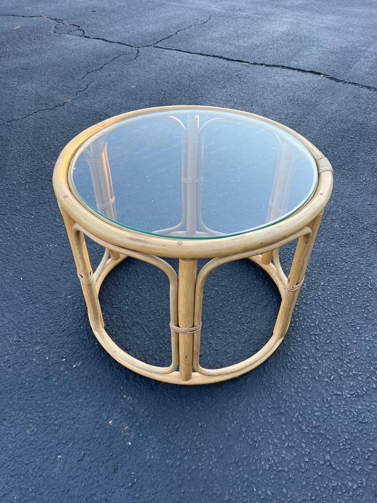 Round Rattan and Faux Bamboo Side Table For Sale at 1stDibs