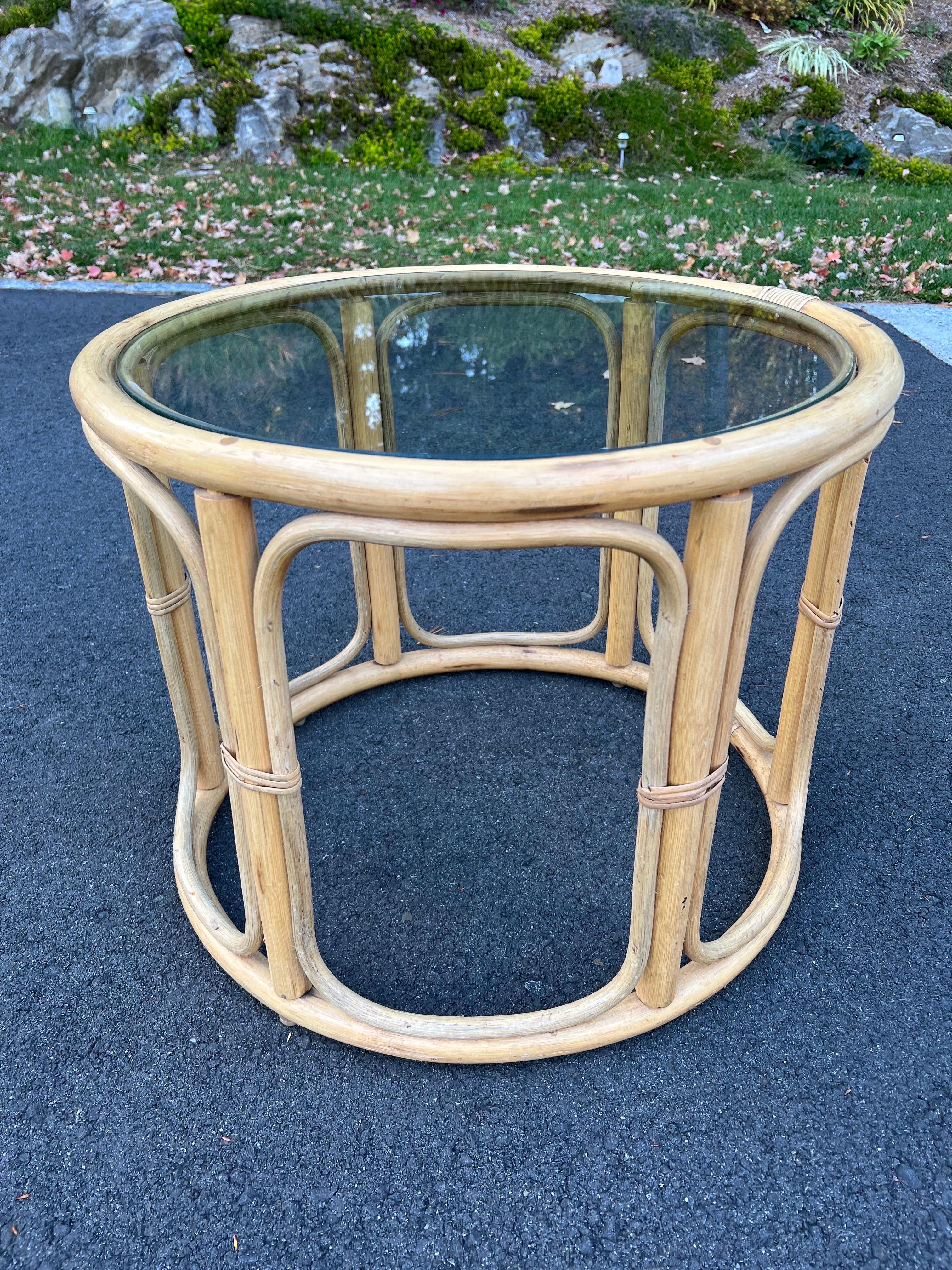 Round Rattan and Faux Bamboo Side Table 3