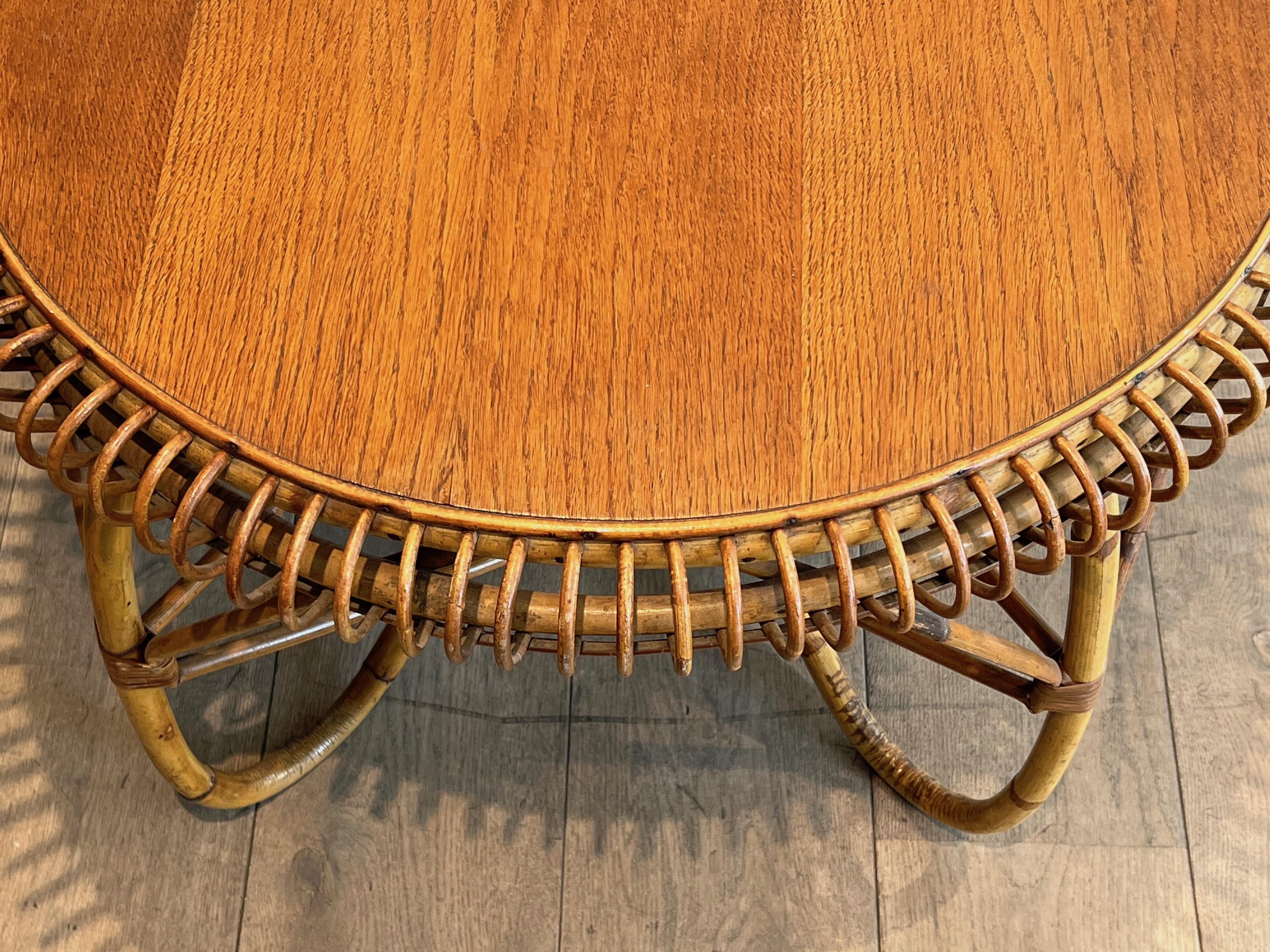 Round Rattan and Wood Coffee Table. Italian Work in the Style of Franco Albini For Sale 5