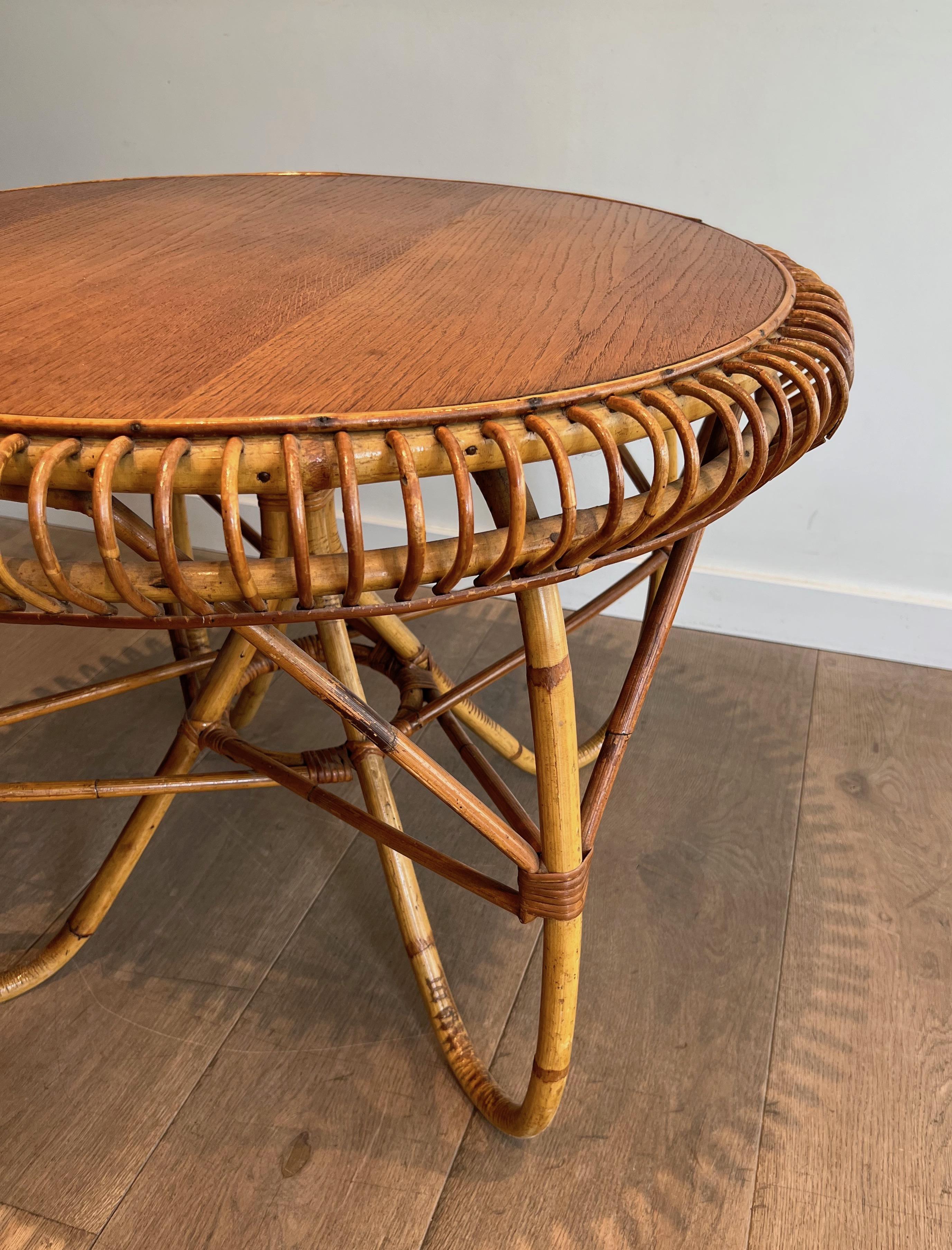 Round Rattan and Wood Coffee Table. Italian Work in the Style of Franco Albini For Sale 6