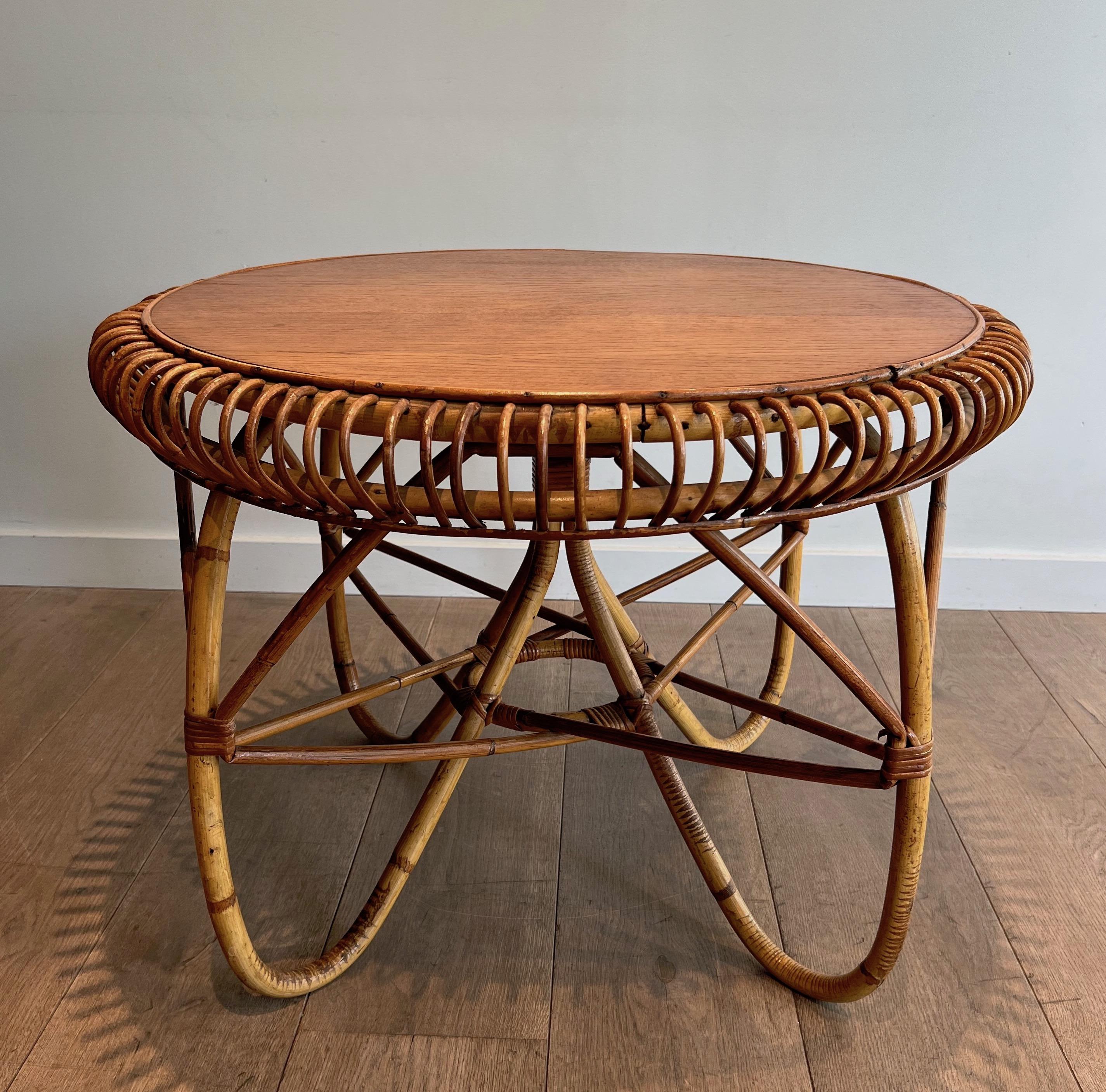 Round Rattan and Wood Coffee Table. Italian Work in the Style of Franco Albini For Sale 7