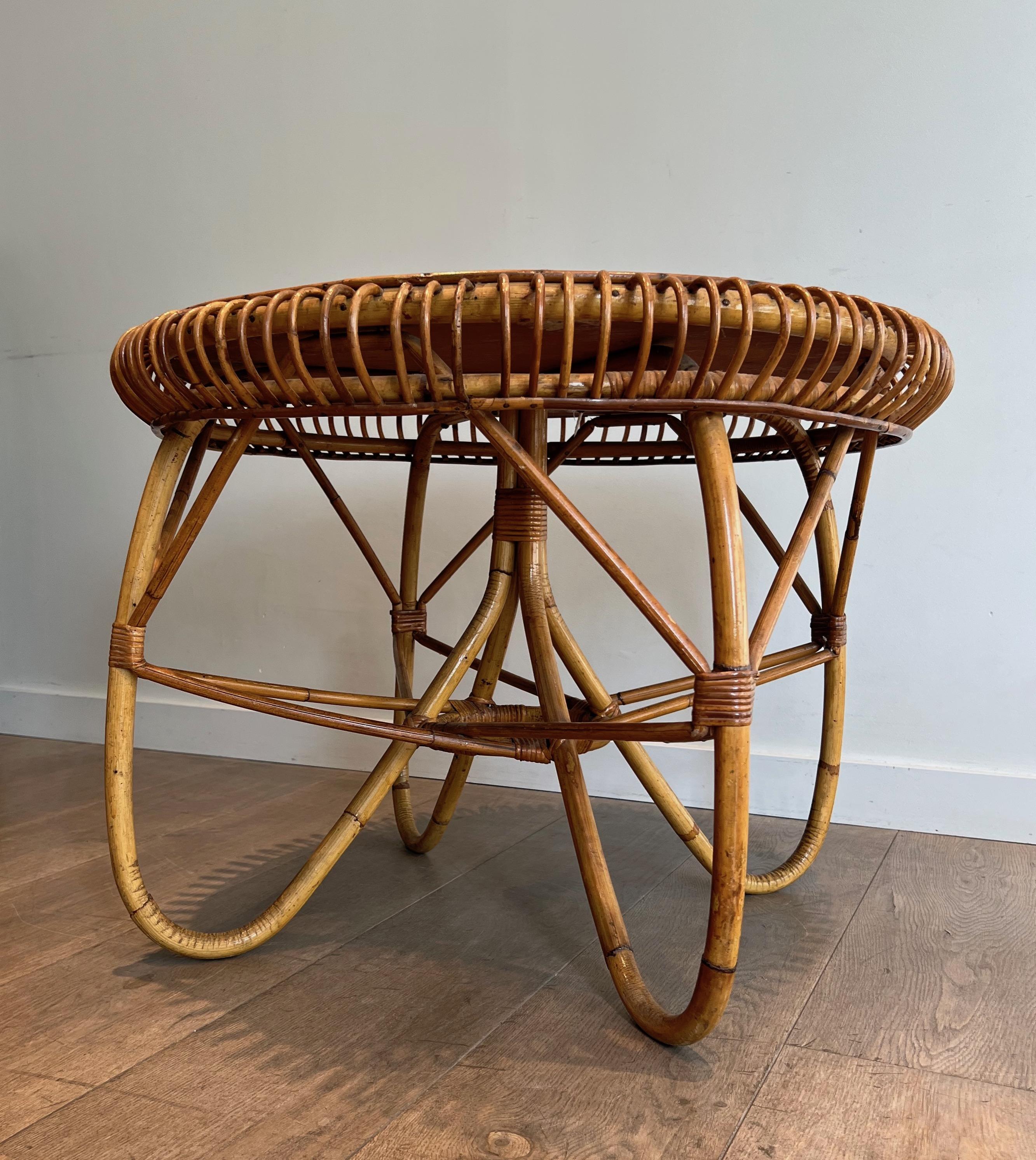 Round Rattan and Wood Coffee Table. Italian Work in the Style of Franco Albini For Sale 9