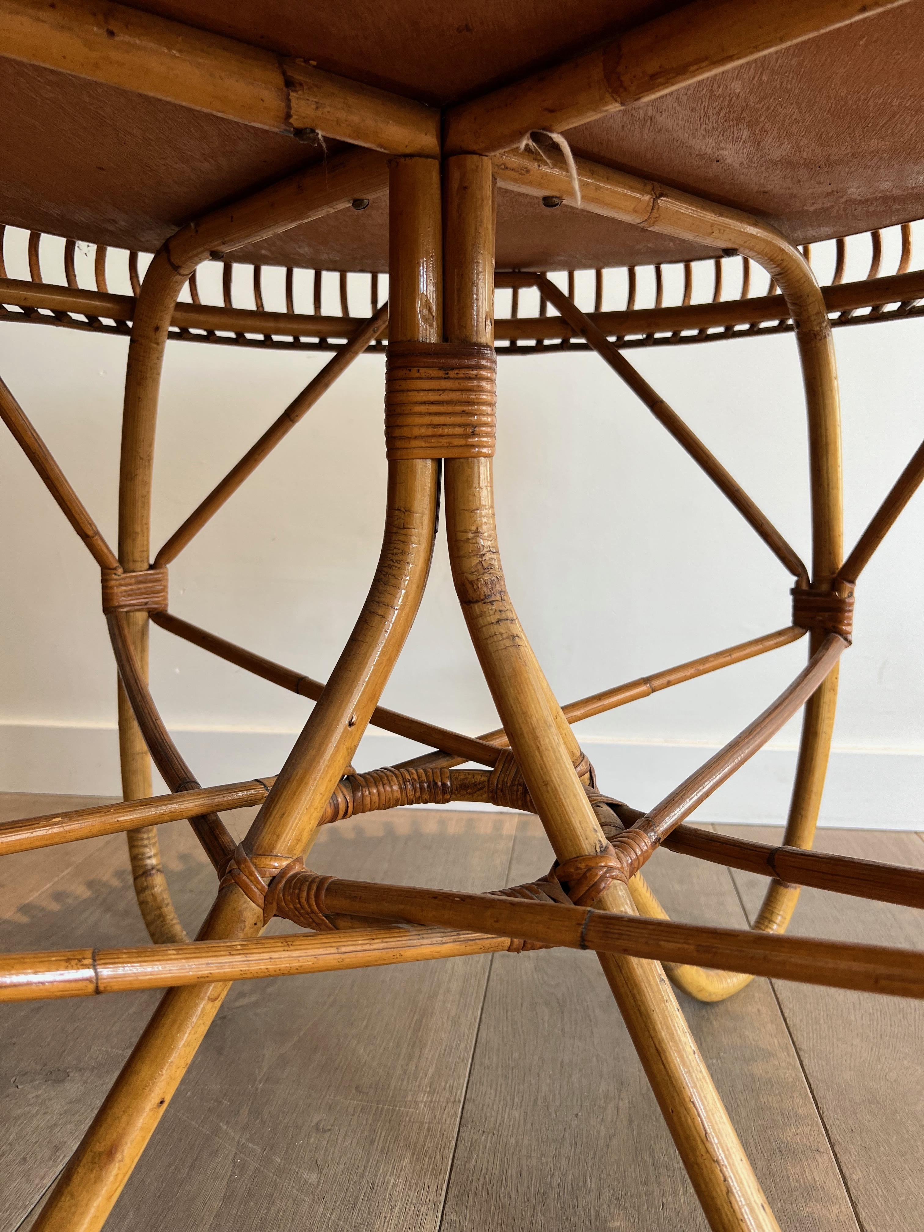 Round Rattan and Wood Coffee Table. Italian Work in the Style of Franco Albini For Sale 12