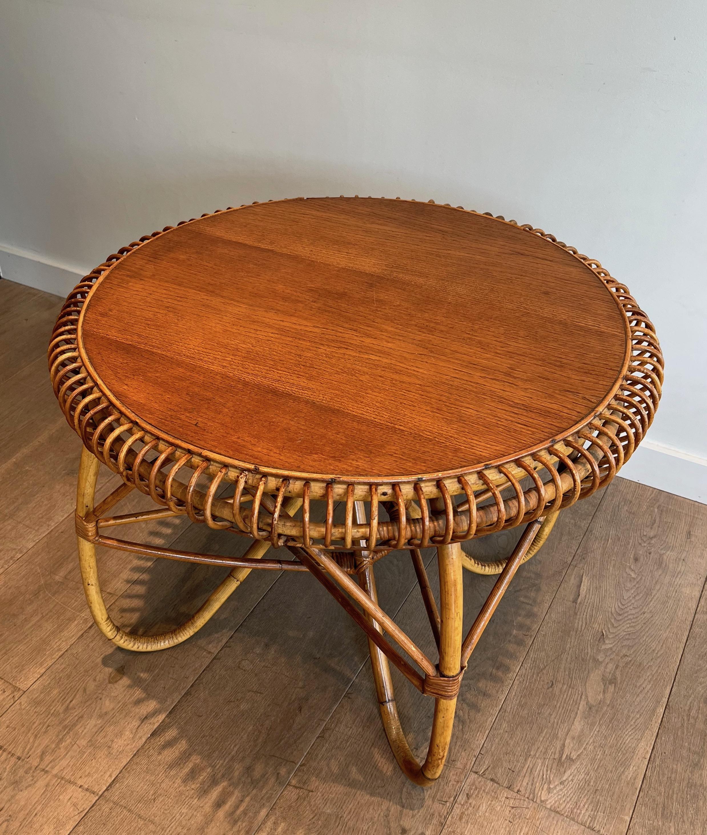 Round Rattan and Wood Coffee Table. Italian Work in the Style of Franco Albini For Sale 15