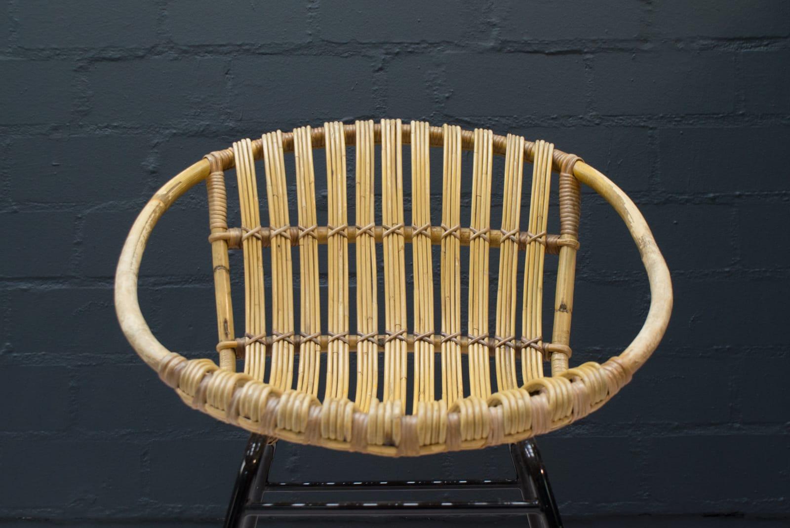 Mid-20th Century Round Rattan and Bamboo Armchair, Italy, 1950s