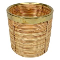 Round Rattan & Brass Basket, Italy, 1970s