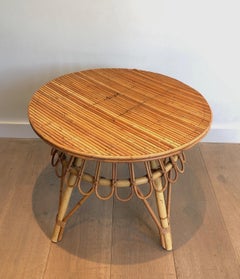 Round Rattan Coffee Table Attributed to Audoux Minet. French Work, Circa 1950