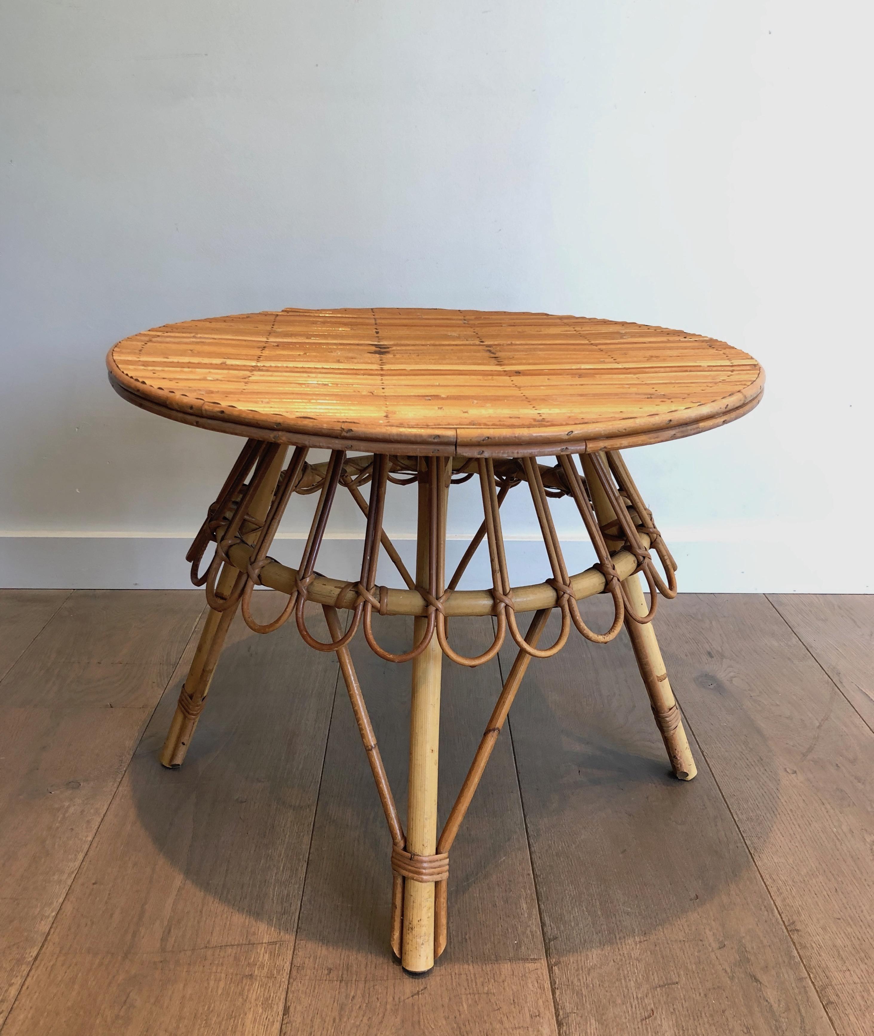 Mid-Century Modern Round Rattan Coffee Table Attributed to Audoux Minet. French Work, Circa 1950